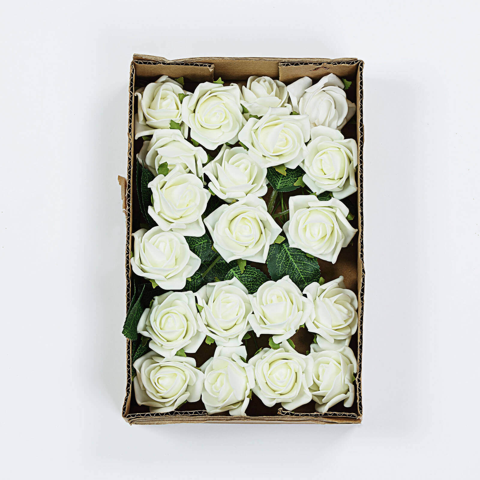 24 Roses 2" Ivory Artificial Foam Flowers With Stem Wire and Leaves