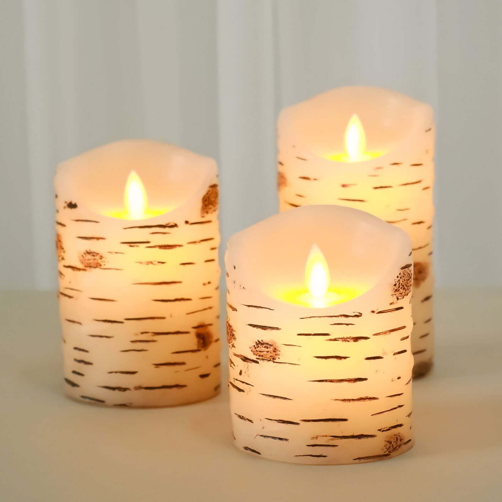Set of 3 LED Flameless Pillar Candles Burnt Birch Bark Design Warm White - Battery Operated with Remote