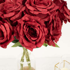 2 Bushes 17" Burgundy Premium Silk Jumbo Rose Flower Bouquet, High Quality Artificial Wedding Floral Arrangements