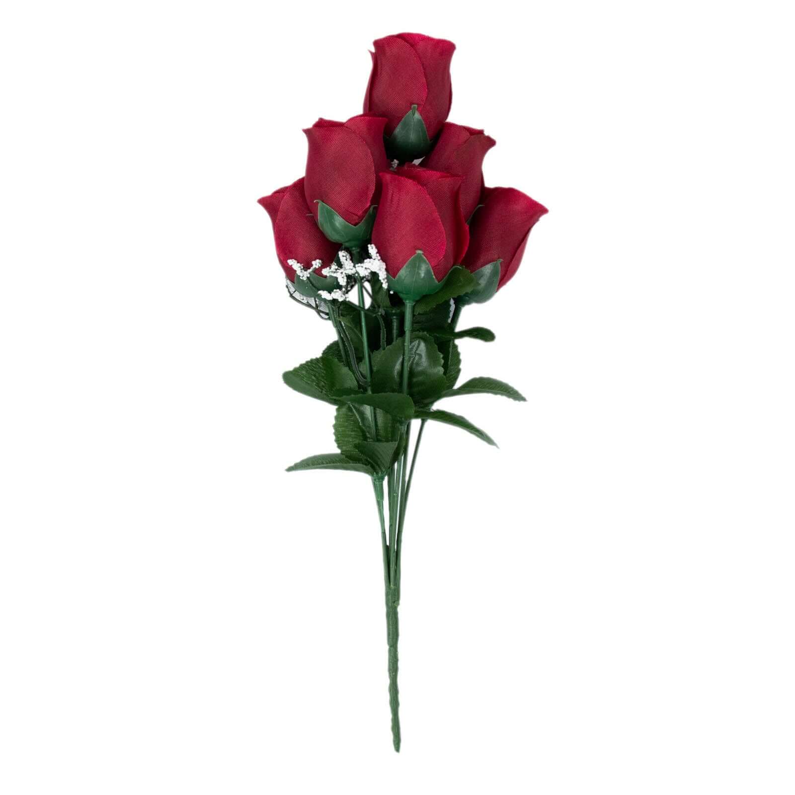 12 Bushes Burgundy Artificial Premium Silk Flower Rose Bud Bouquets