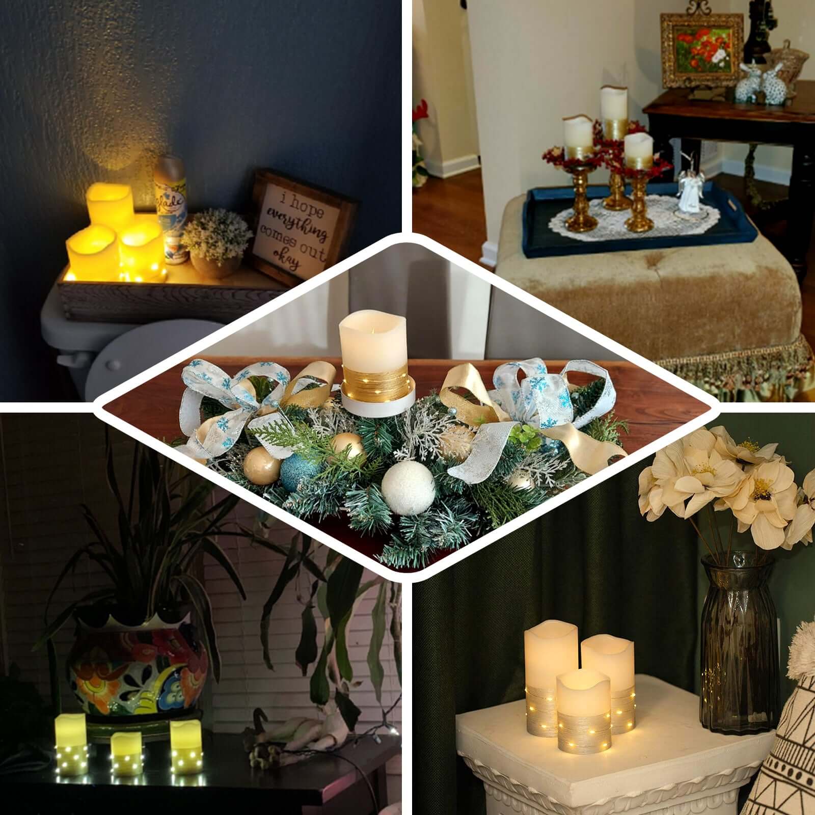 Set of 3 LED Flameless Pillar Candles Wrapped with Fairy String Lights Gold - Remote Operated 4", 5", 6"