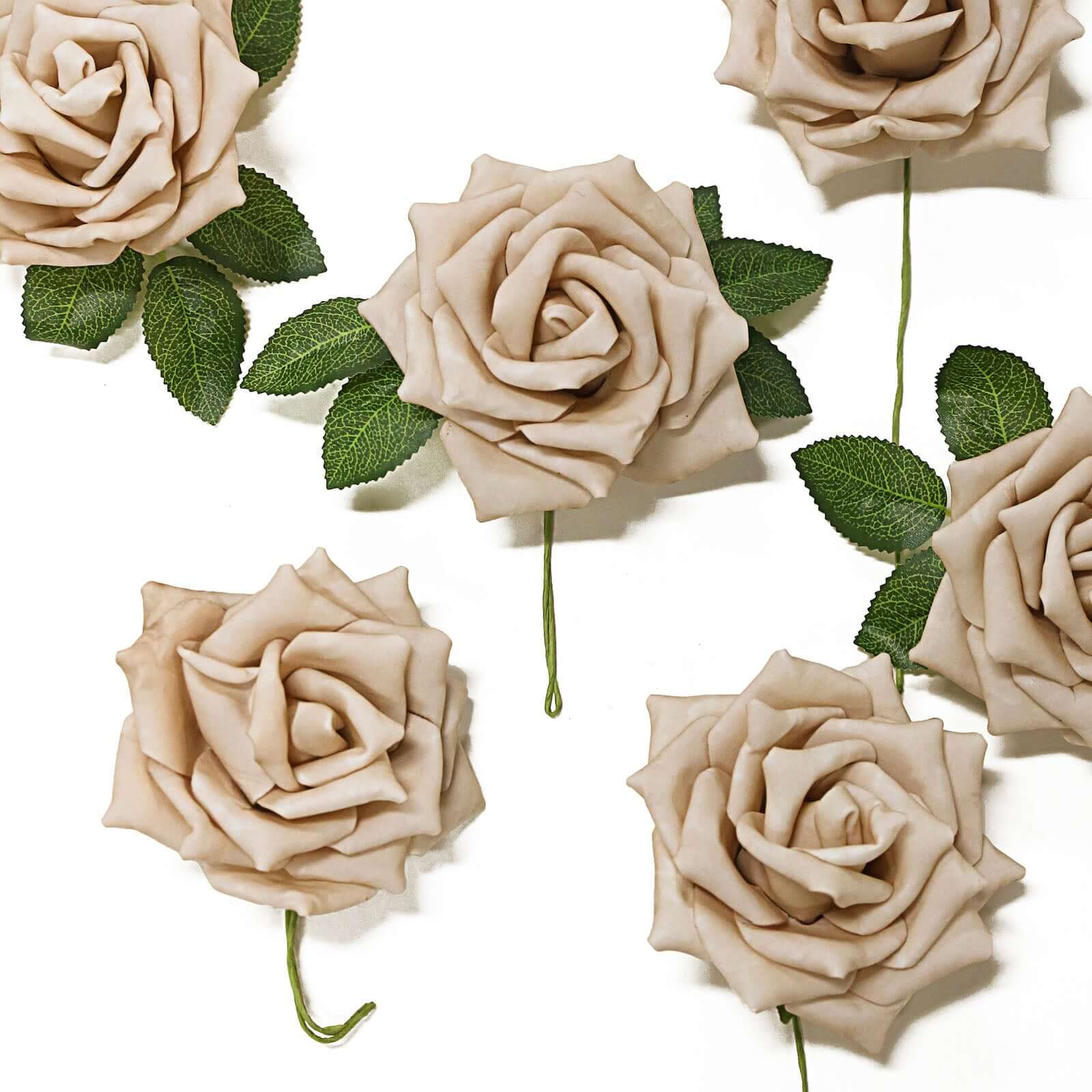 24 Roses 5" Champagne Artificial Foam Flowers With Stem Wire and Leaves