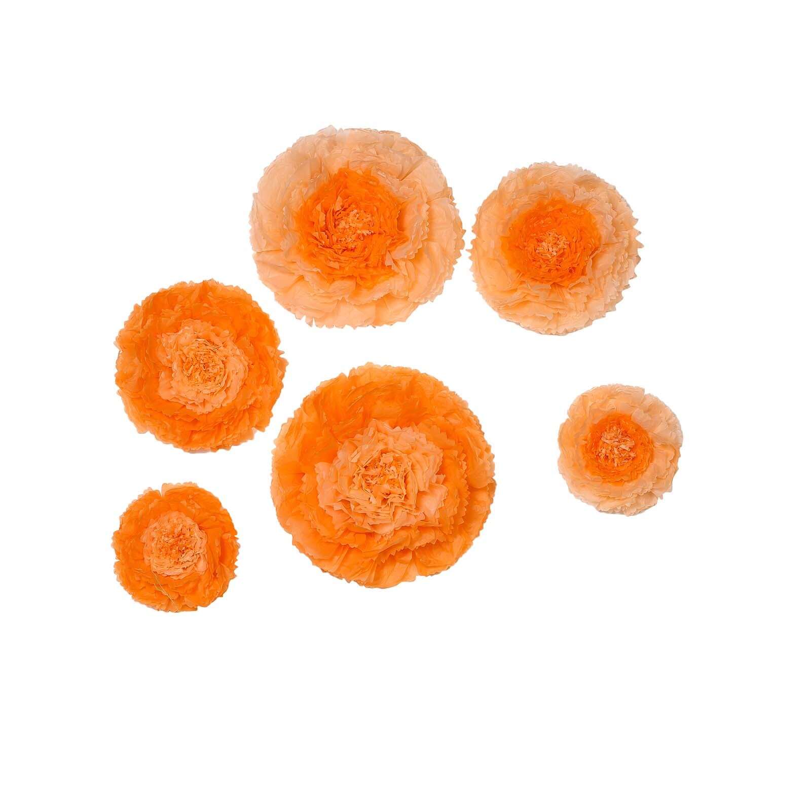 Set of 6 Coral Orange Giant Carnation 3D Paper Flowers Wall Decor - 12",16",20"