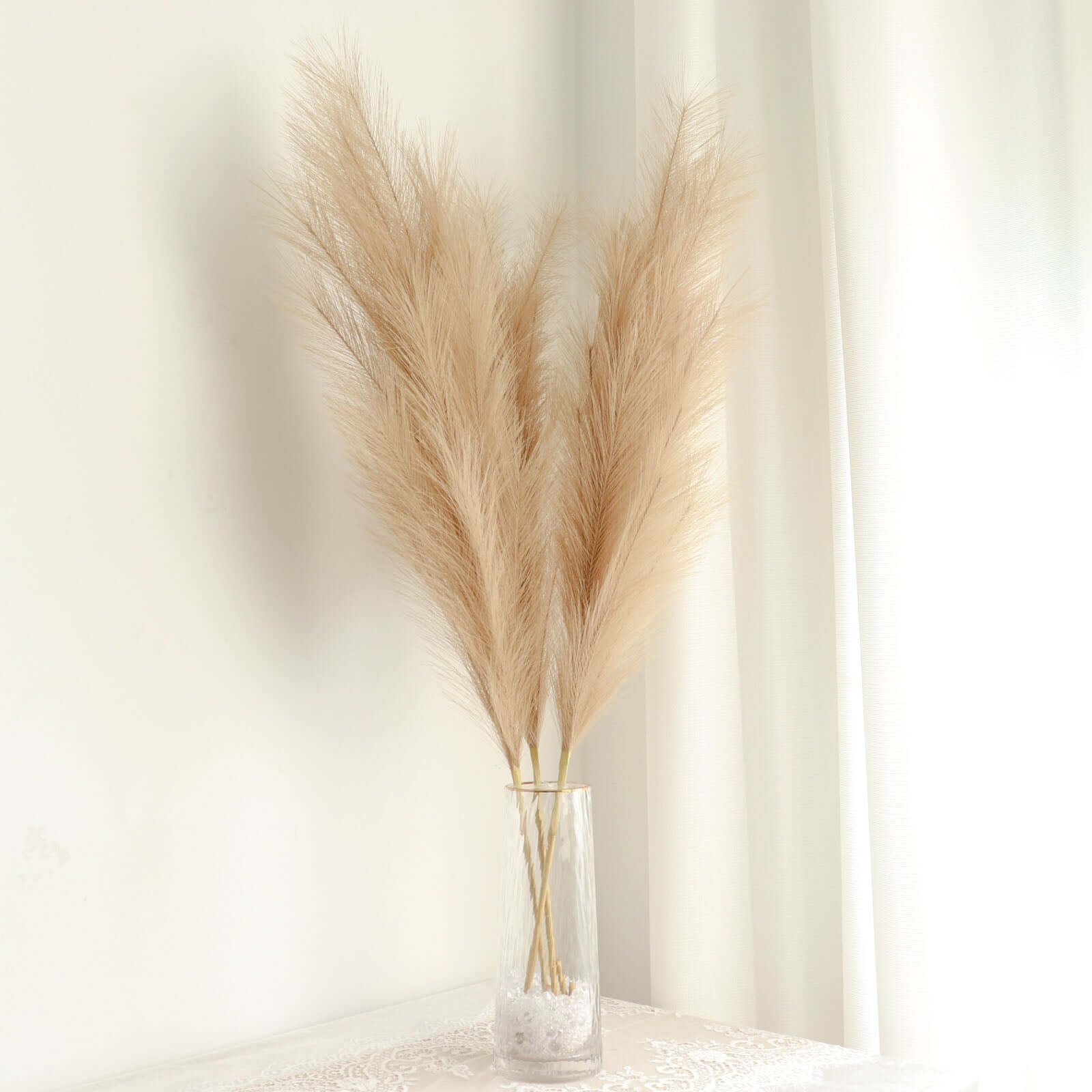 3 Stems Artificial Pampas Grass Decor Taupe - Soft Realistic Faux Ornamental Grass Branches for Rustic Boho Chic Backdrops Floral Styling & Vase Displays 44"