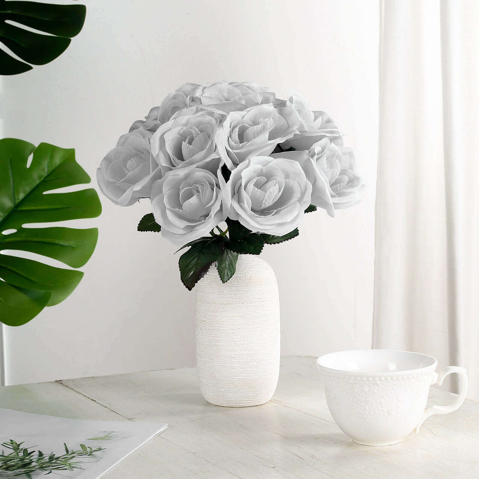 12" Silver Artificial Velvet-Like Fabric Rose Flower Bouquet Bush