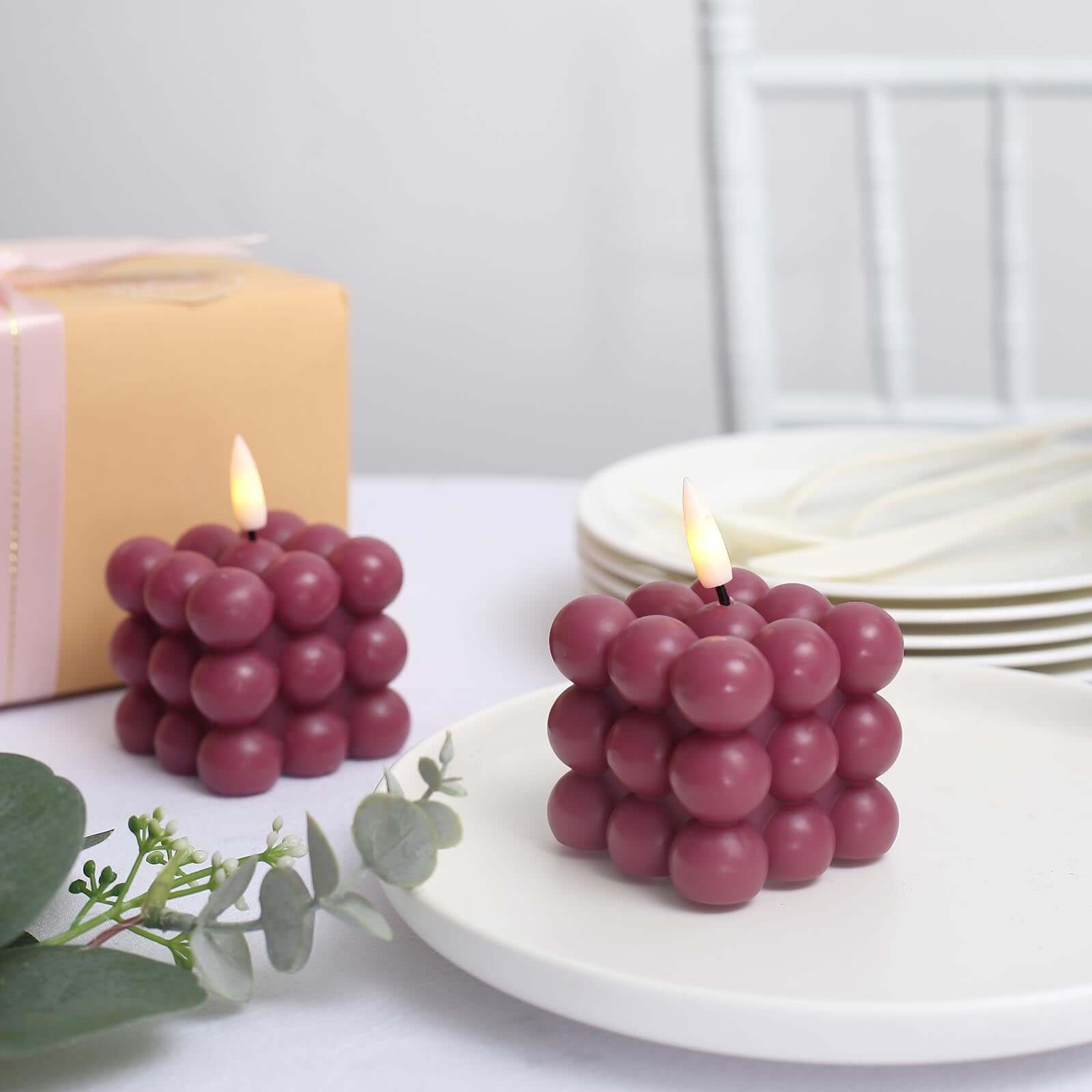 2-Pack LED Flameless Cube Candles Flickering Warm White Burgundy - Battery Operated Bubble Design 2"