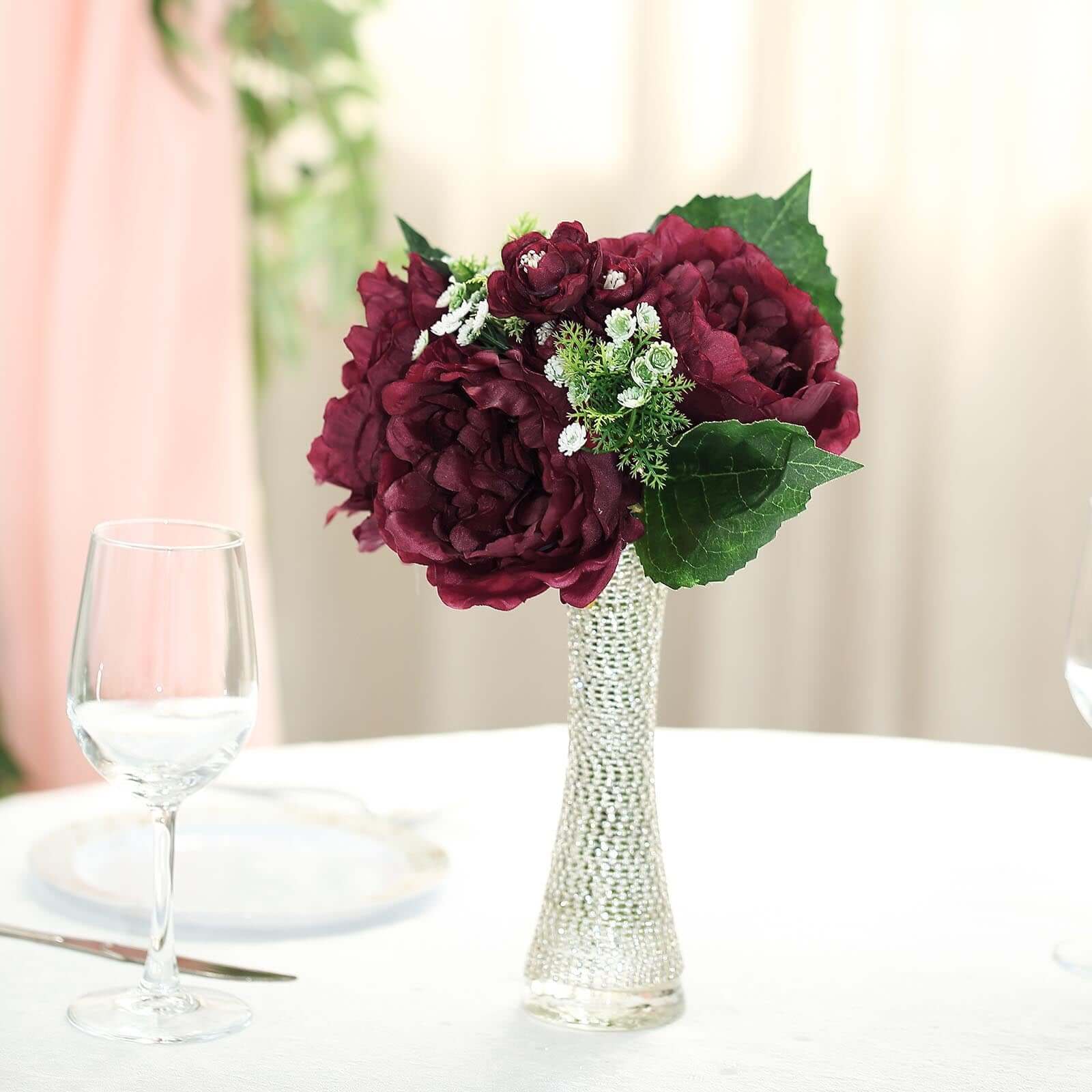 12" Burgundy Artificial Silk Peonies Bouquet, Faux Peony Spray Bush