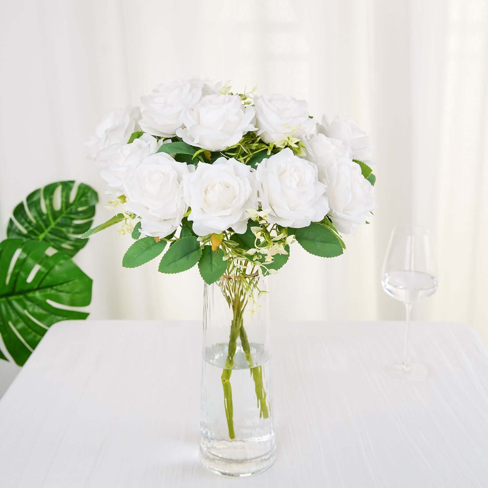 2 Bushes 18" Real Touch White Artificial Rose Flower Bouquet, Silk Long Stem Flower Arrangements