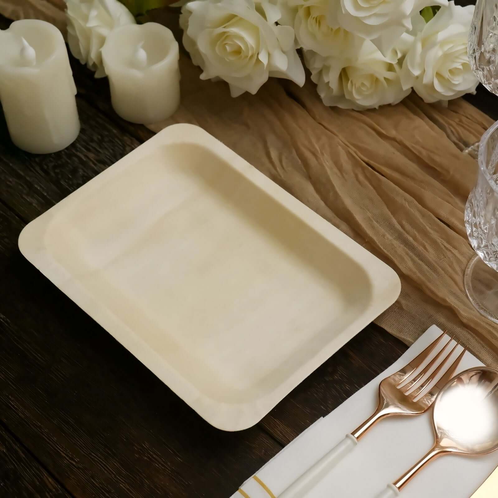 25-Pack Birchwood 5"x8" Rectangle Dessert Serving Plates - Natural Eco Friendly Wooden Disposable Plates for Farmhouse-Style Events, Parties & Gatherings