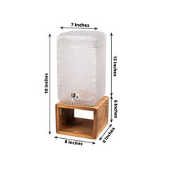 Gallon Clear Hammered Glass Beverage Dispenser, Rectangular Juice Jar with Wooden Stand and Lid - Lead-Free Countertop Feature 19"
