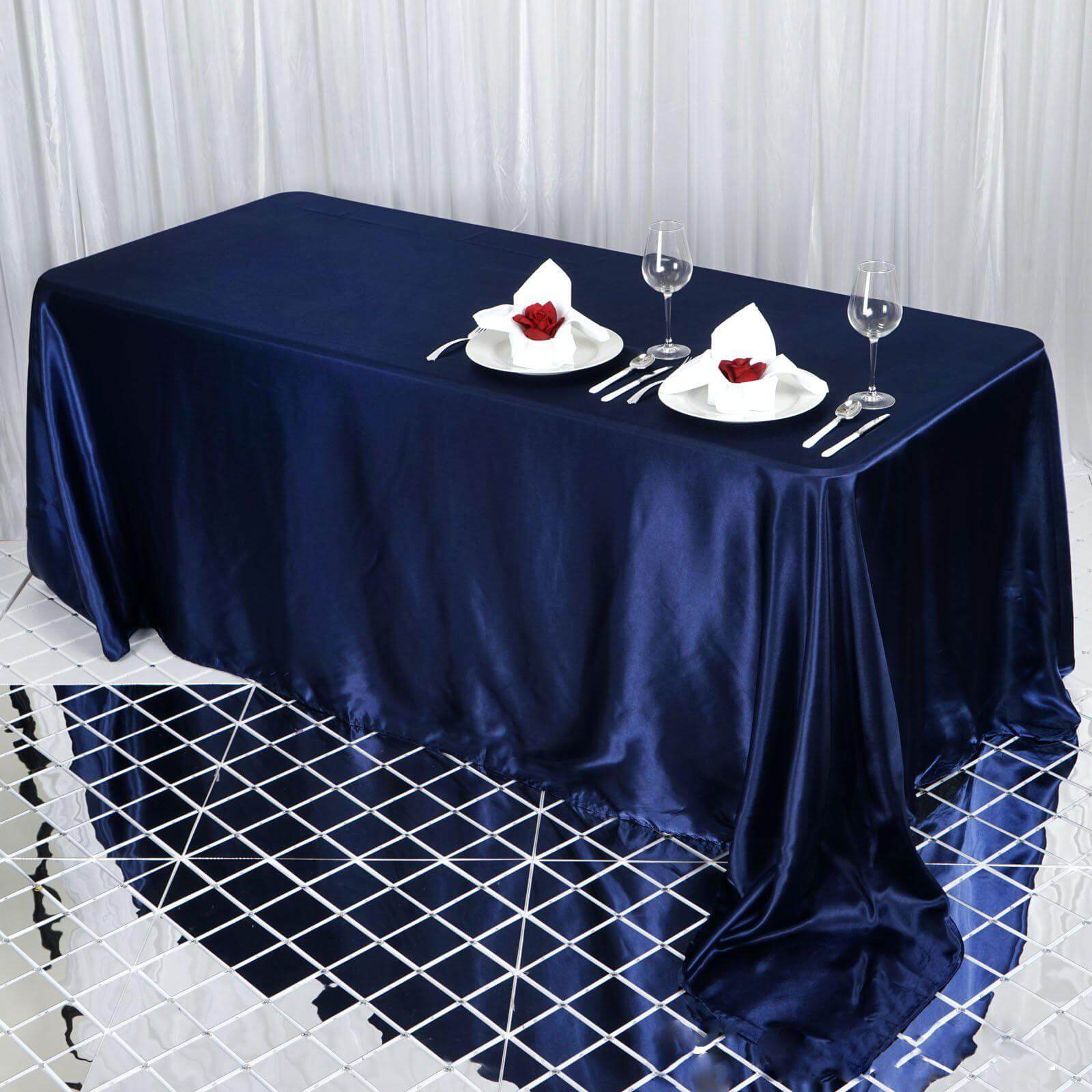 Satin Rectangular 90"x132" Tablecloth Navy Blue Satin - Seamless Table Cover