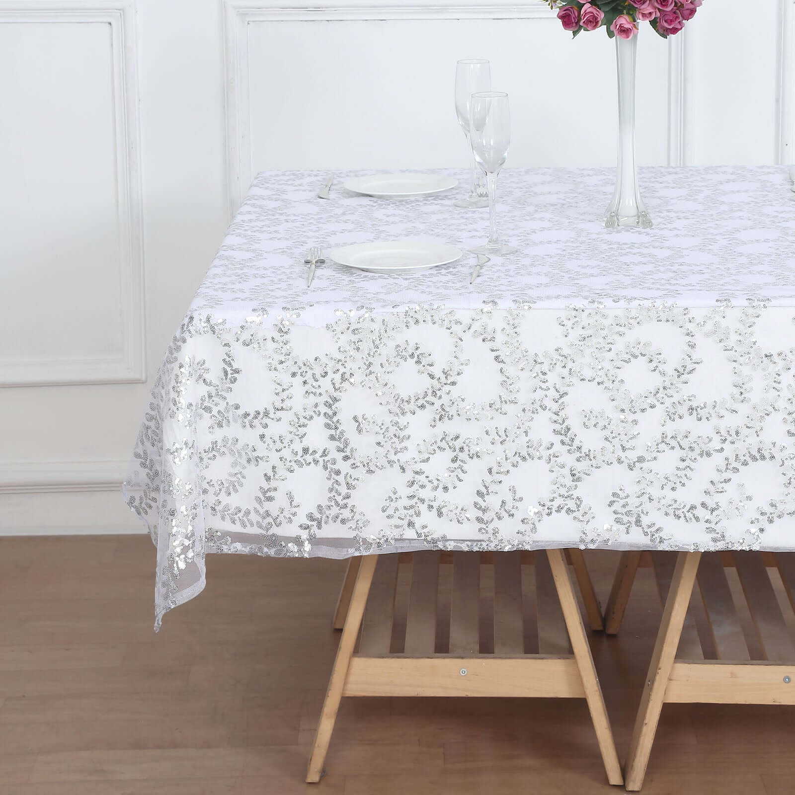 Tulle 72"x72" Table Overlay Square Tablecloth Silver - Sequin Leaf Embroidered Table Topper