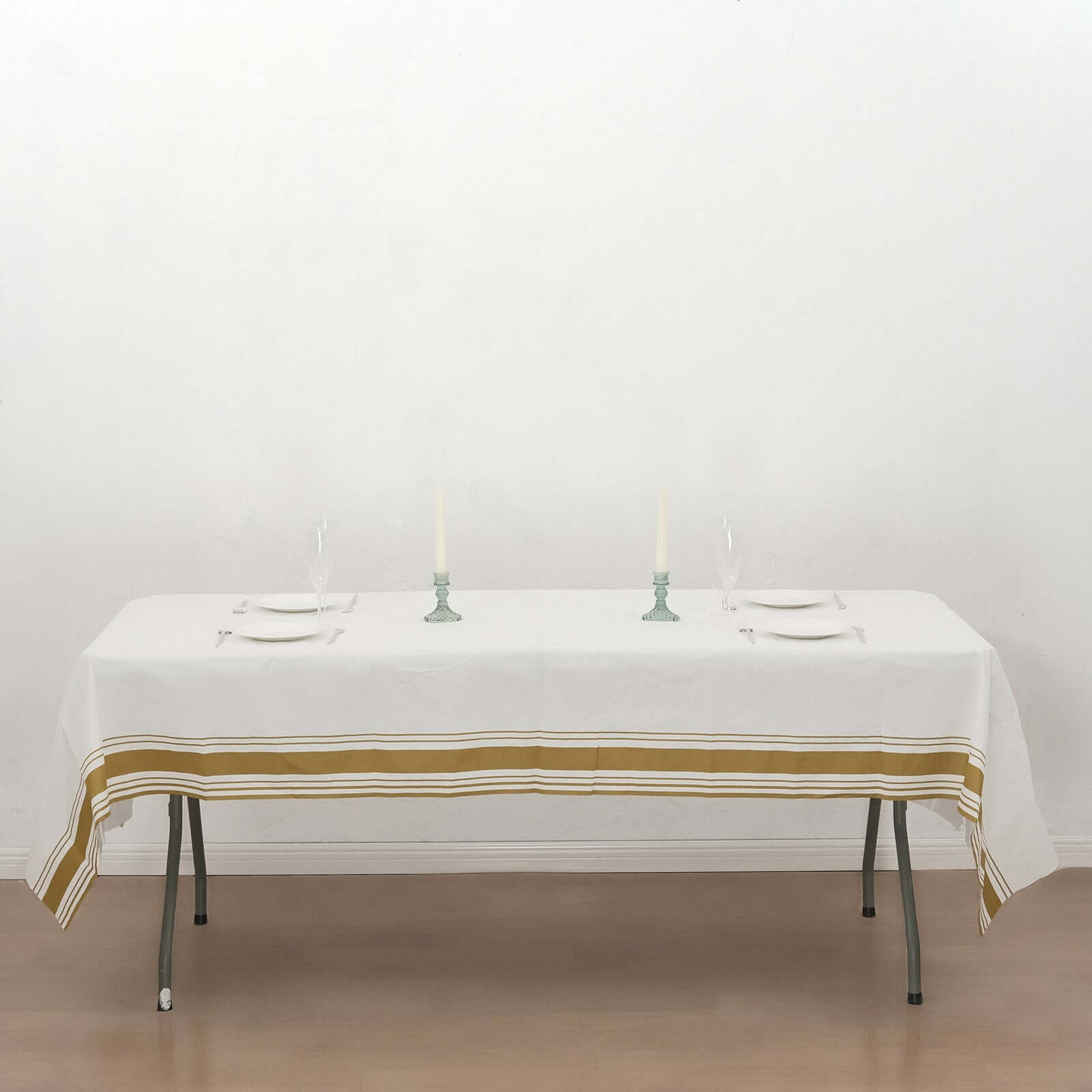 Paper Linen-Like Tablecloth Rectangle White with Gold Striped Border - Decorative Disposable Cover for Events 50"x108"