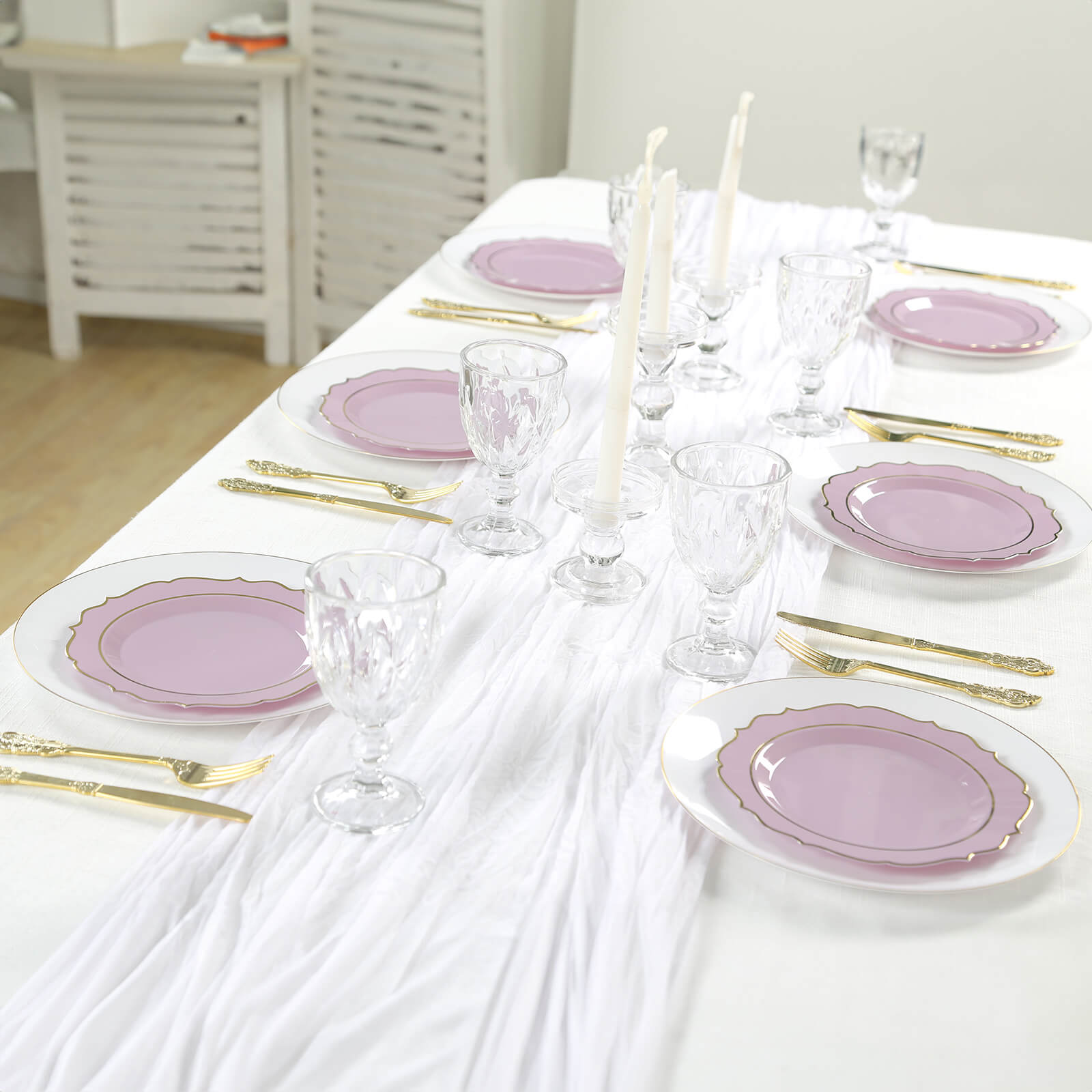 10-Pack Plastic 8" Round Desert Plates in Lavender Lilac with Gold Scalloped Rim - Disposable Appetizer/Salad Plates