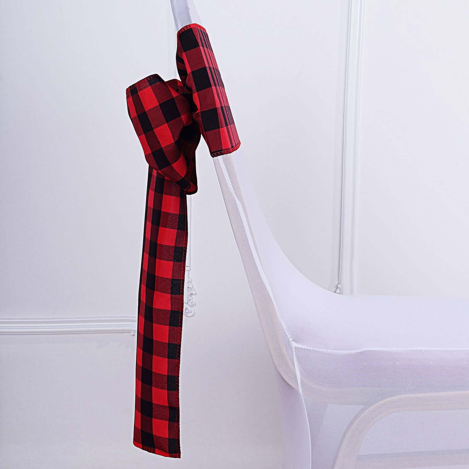 5 Pack Polyester Chair Sashes Black/Red Buffalo Plaid - Durable & Reusable Chair Bows 6"x108"
