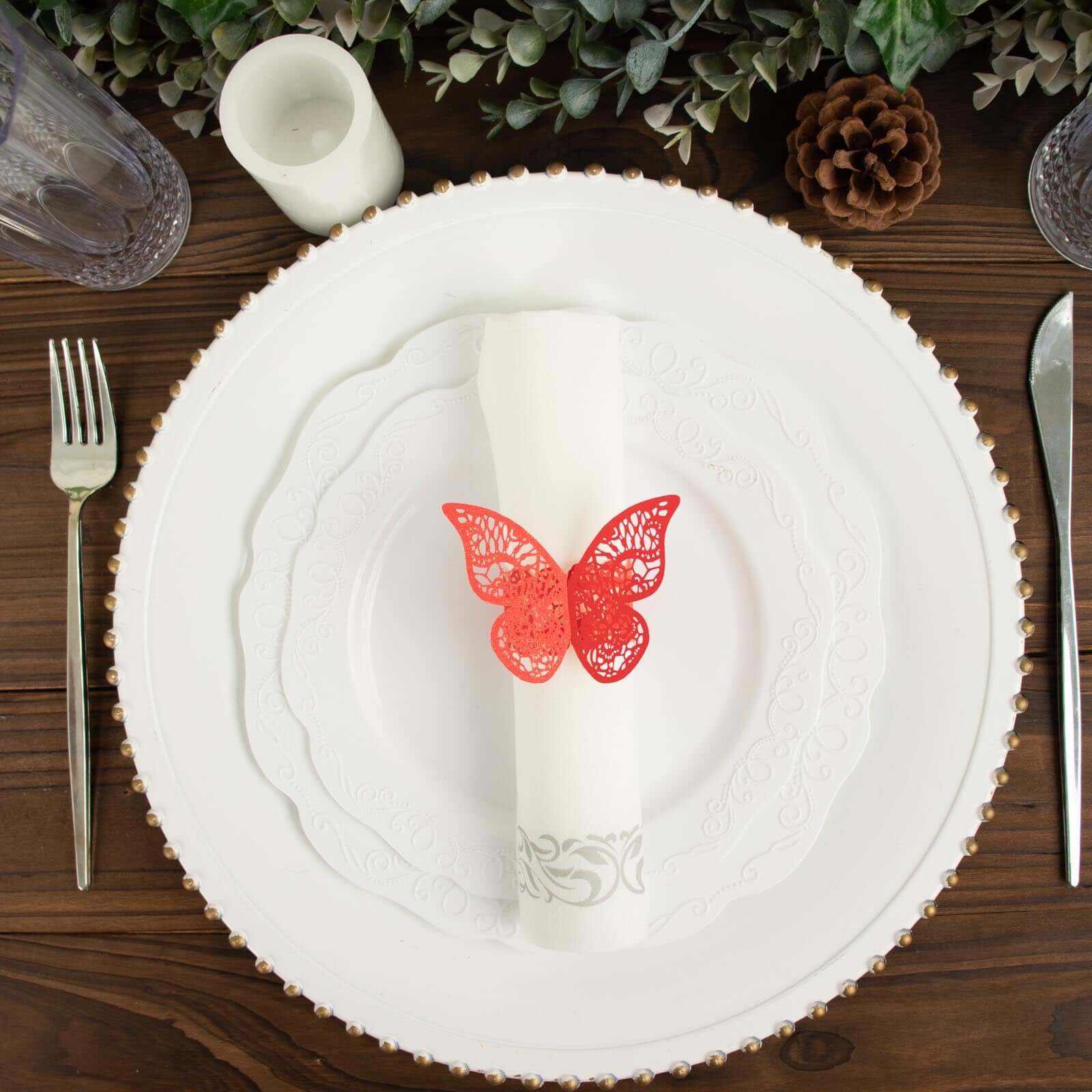 12-Pack Paper Napkin Rings Laser Cut Butterfly Red Shimmery - Decorative Serviette Holders