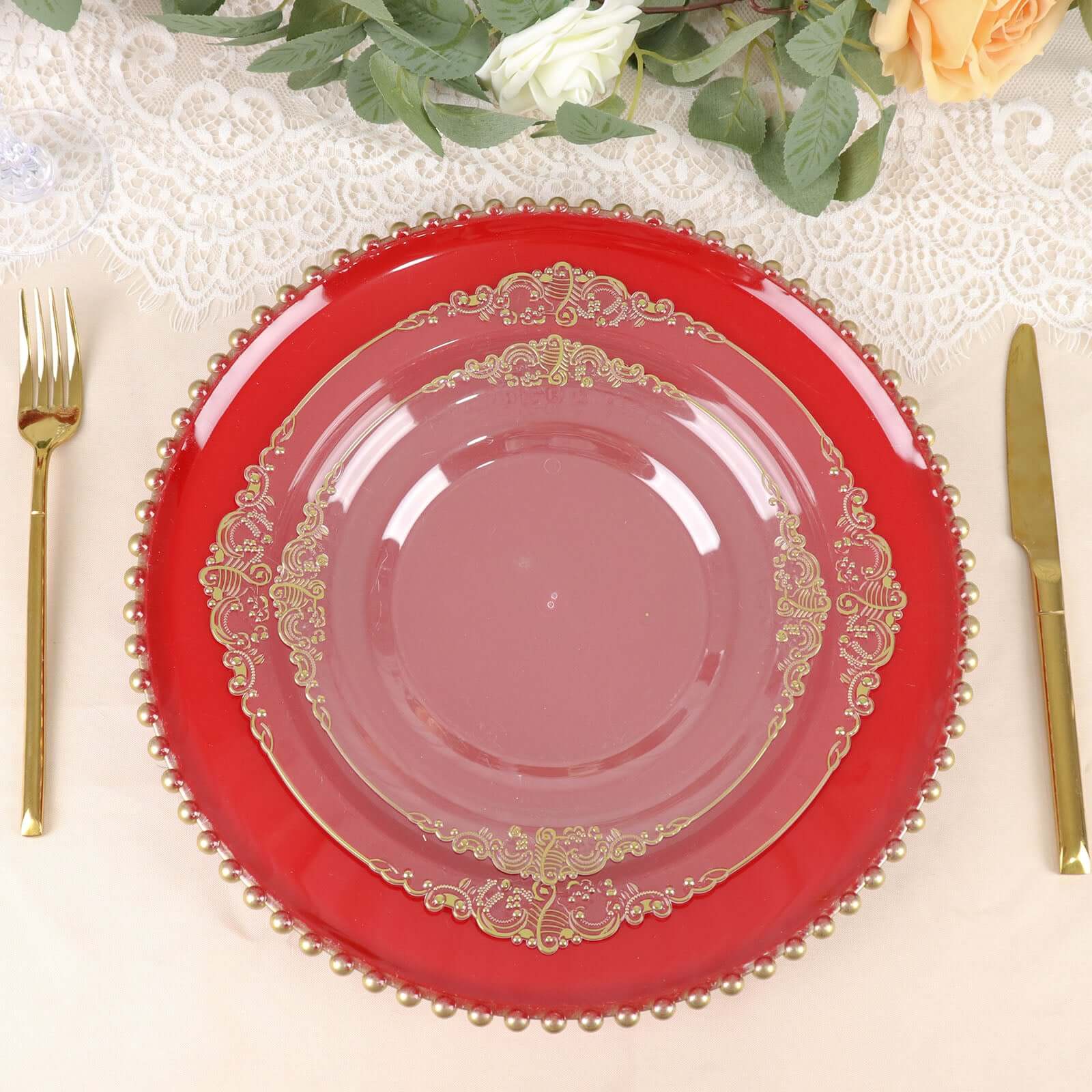 6-Pack Acrylic Round Charger Plates 13" in Red with Gold Beaded Rim, Decorative Dinner Party Charger Tableware