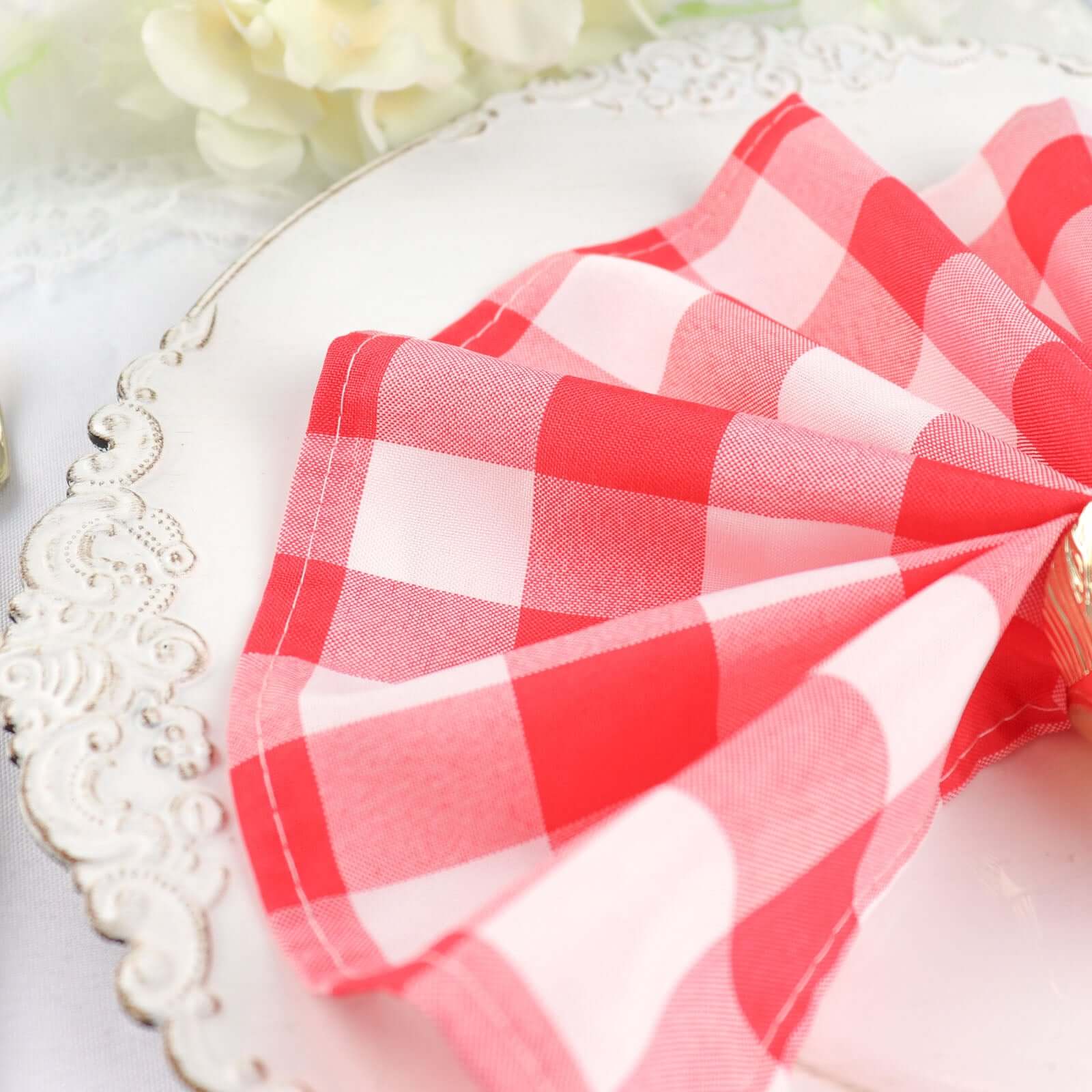 5 Pack Polyester 15"x15" Napkins Red/White Buffalo Plaid Gingham Style Cloth Napkins