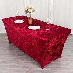 Crushed Velvet Fitted Rectangular 6ft Table Cover Red - Wrinkle-Free Stretchy Tablecloth