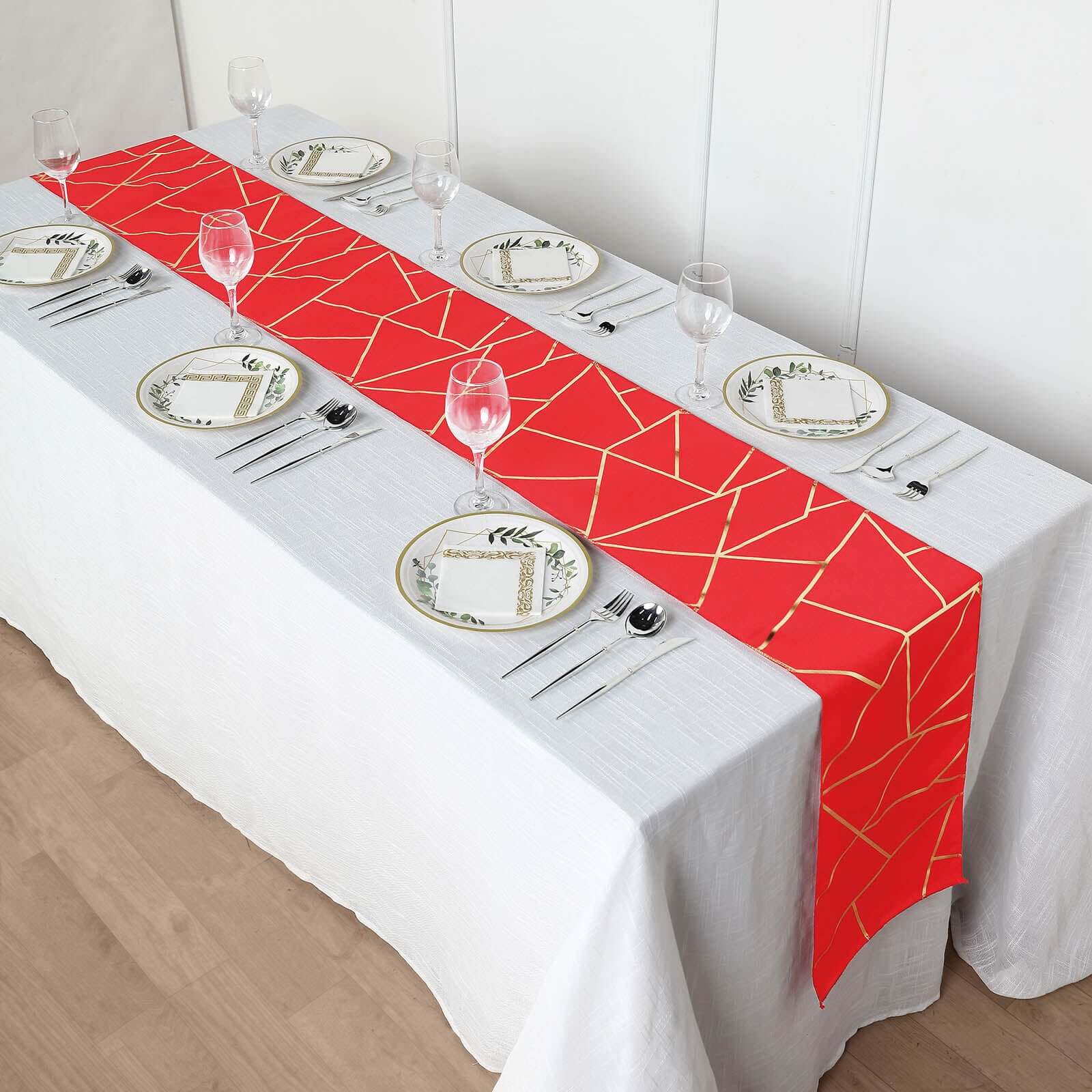 Polyester 9ft Table Runner Red with Gold Foil Modern Geometric Accent