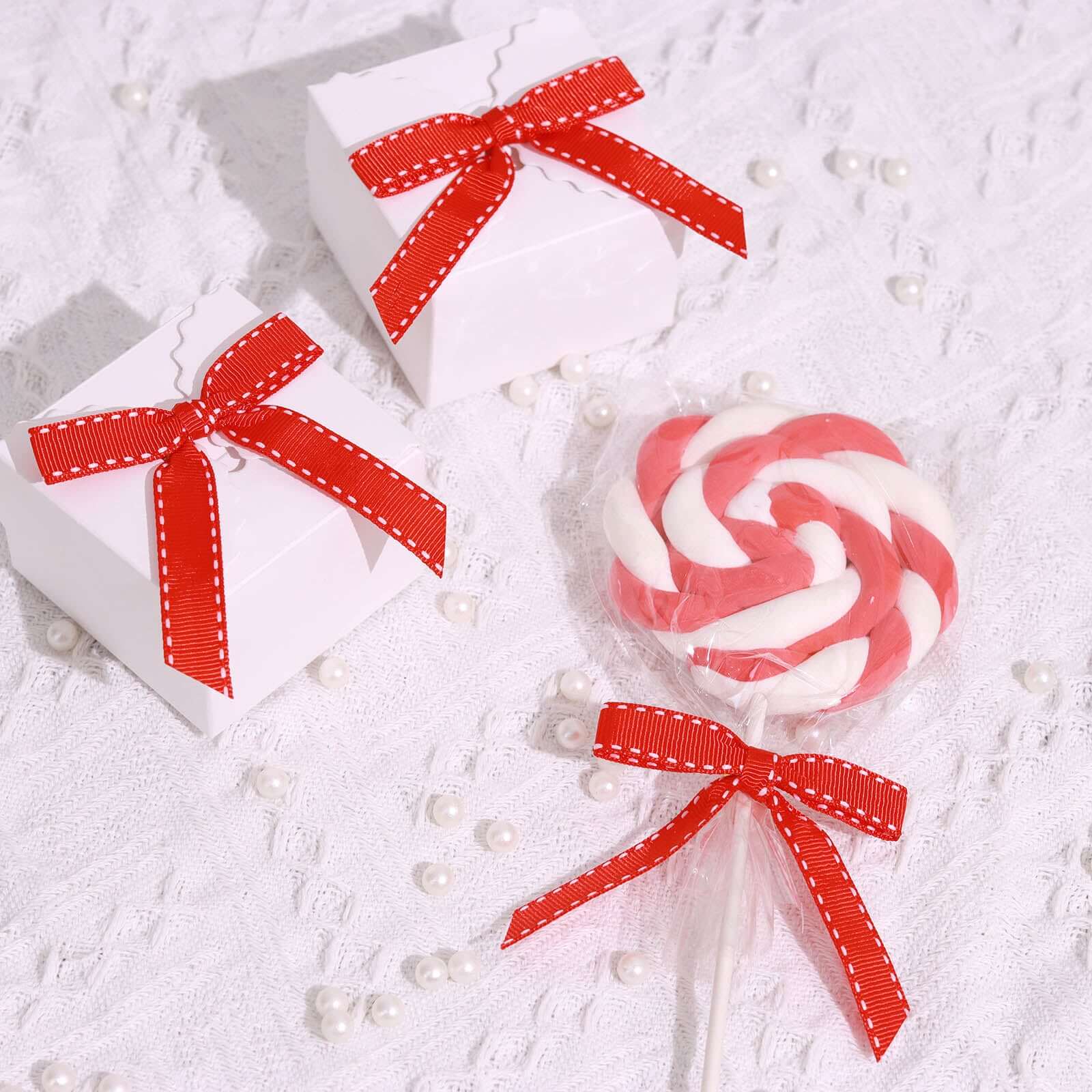 50 Pcs 3" Saddle Stitch Ribbon Bows With Twist Ties, Gift Basket Party Favor Bags Decor - Red White Polyester
