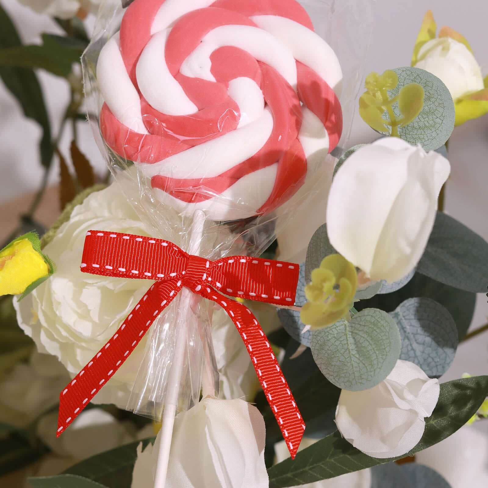 50 Pcs 3" Saddle Stitch Ribbon Bows With Twist Ties, Gift Basket Party Favor Bags Decor - Red White Polyester