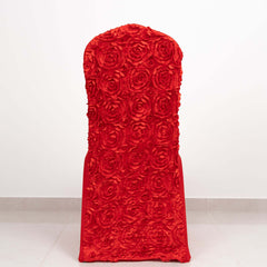 Satin Rosette Chair Cover for Banquet Chairs Red - Stretch Fitted Slip-On Slipcover
