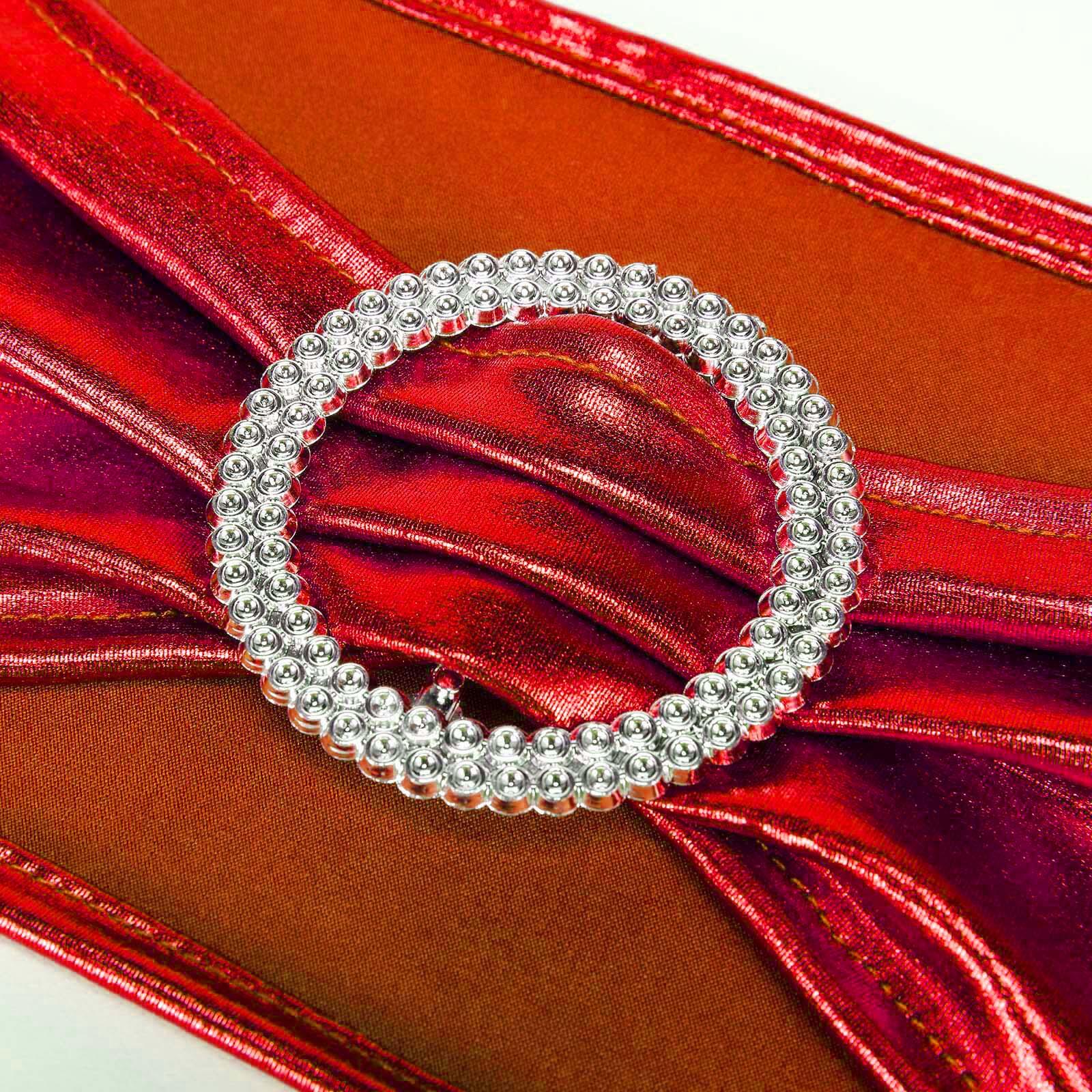 5 Pack Metallic Spandex Chair Sashes Red - Stretch Fit Chair Bands With Round Diamond Buckles