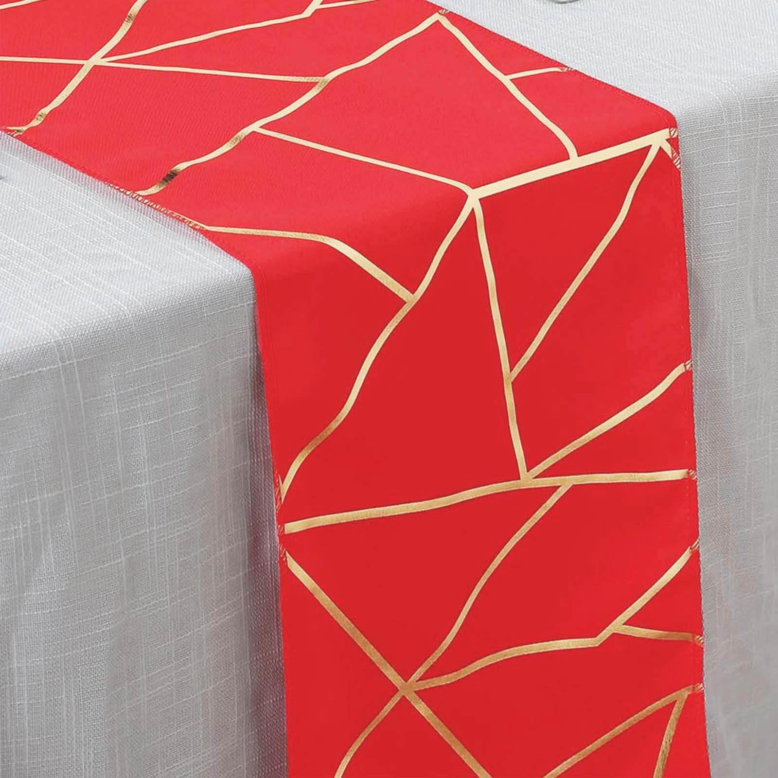 Polyester 9ft Table Runner Red with Gold Foil Modern Geometric Accent
