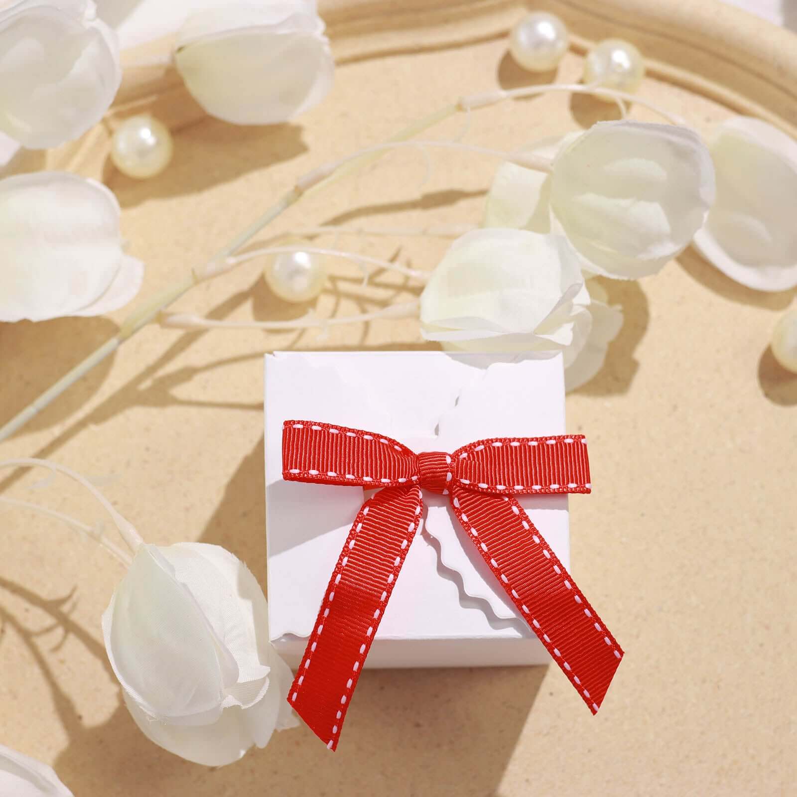 50 Pcs 3" Saddle Stitch Ribbon Bows With Twist Ties, Gift Basket Party Favor Bags Decor - Red White Polyester