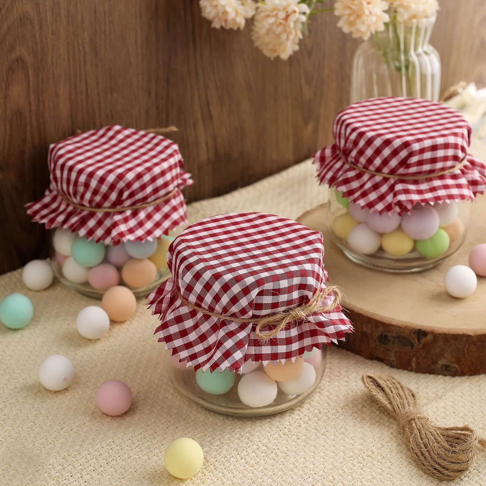 6 Pack 6" Red White Gingham Mason Jar Cloth Lid Covers, Checkered Jam Jar Covers with Jute String