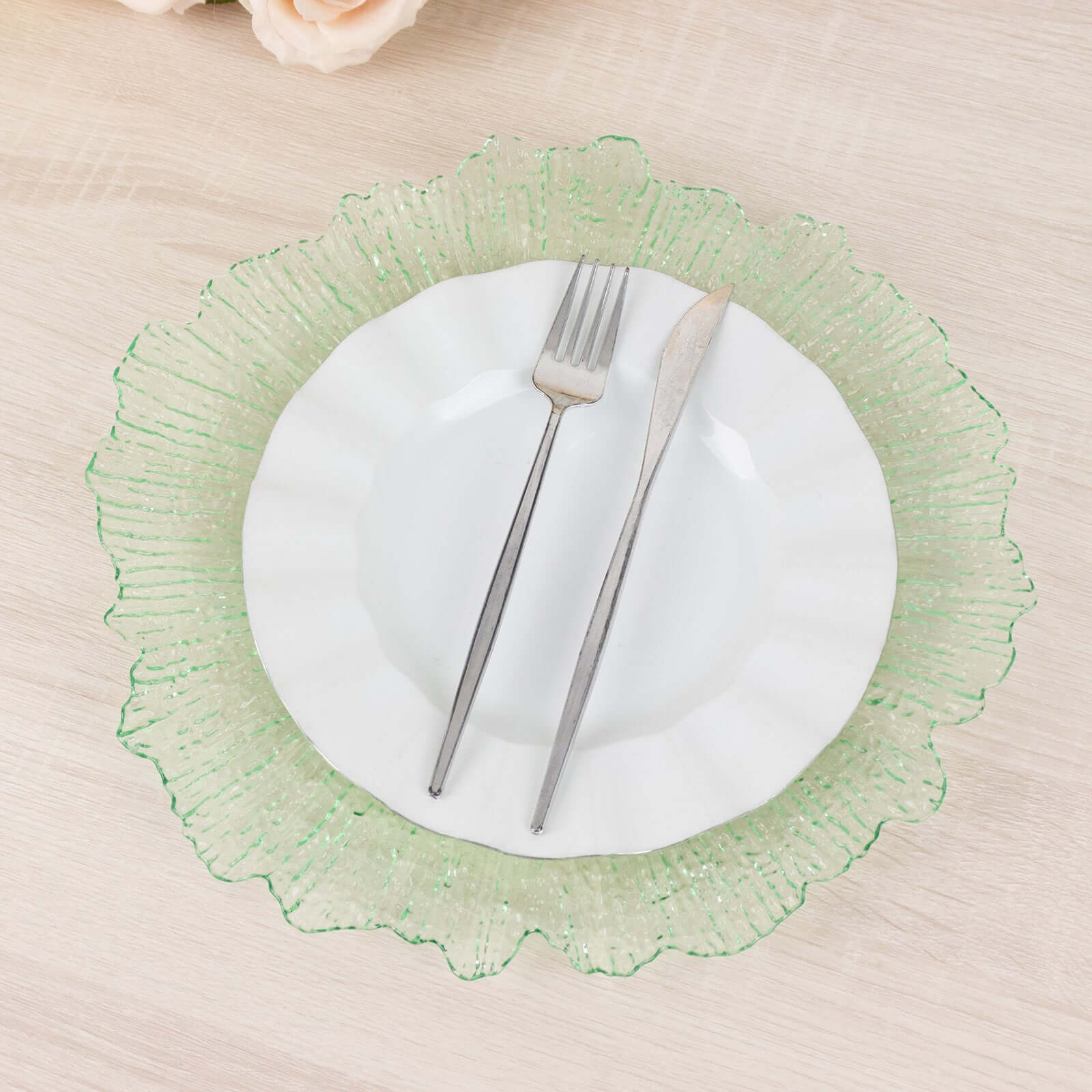 6-Pack Acrylic Plastic Round Charger Plates 13" in Transparent Green with Reef Design, Dinner Charger Tableware