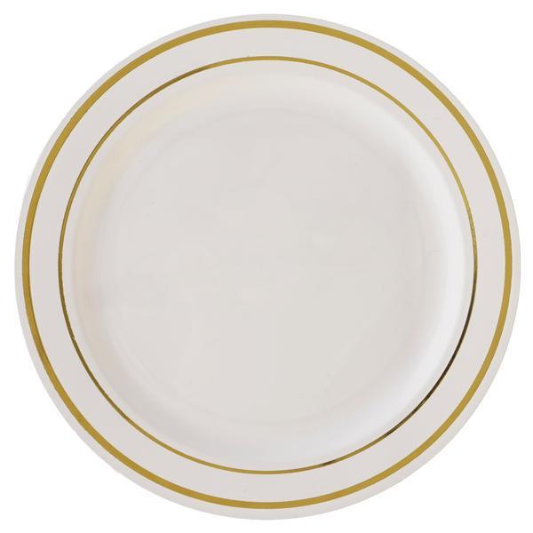 10-Pack Plastic Dinner Plates Ivory with Très Chic Gold Rim - Disposable Party Plates for Gatherings 10"