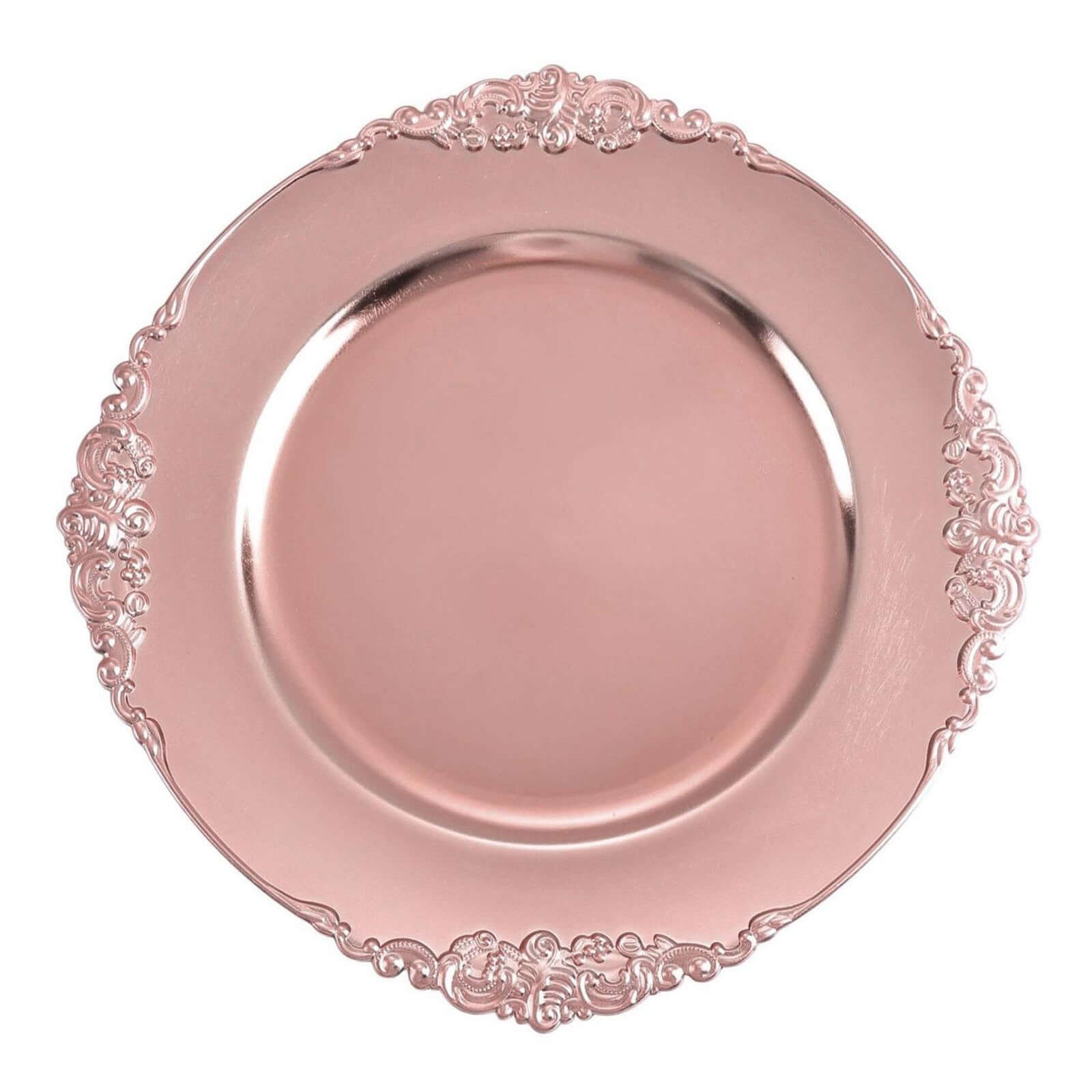 6-Pack Acrylic Round Charger Plates 13" in Rose Gold with Embossed Baroque Rim, Antique Decorative Dinner Party Charger Tableware