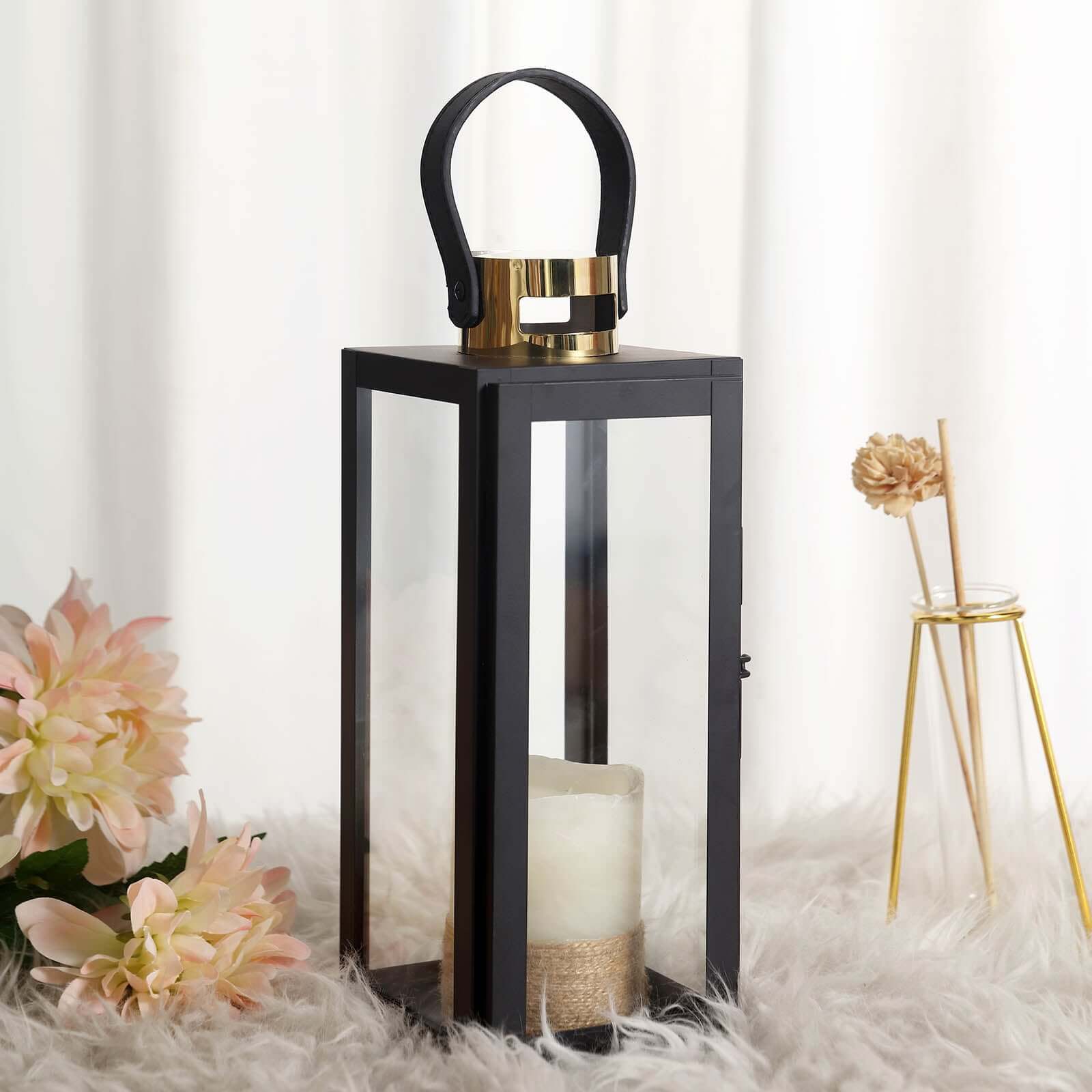 14" Black and Gold Top Stainless Steel Candle Lantern Centerpiece Outdoor Metal Patio Lantern