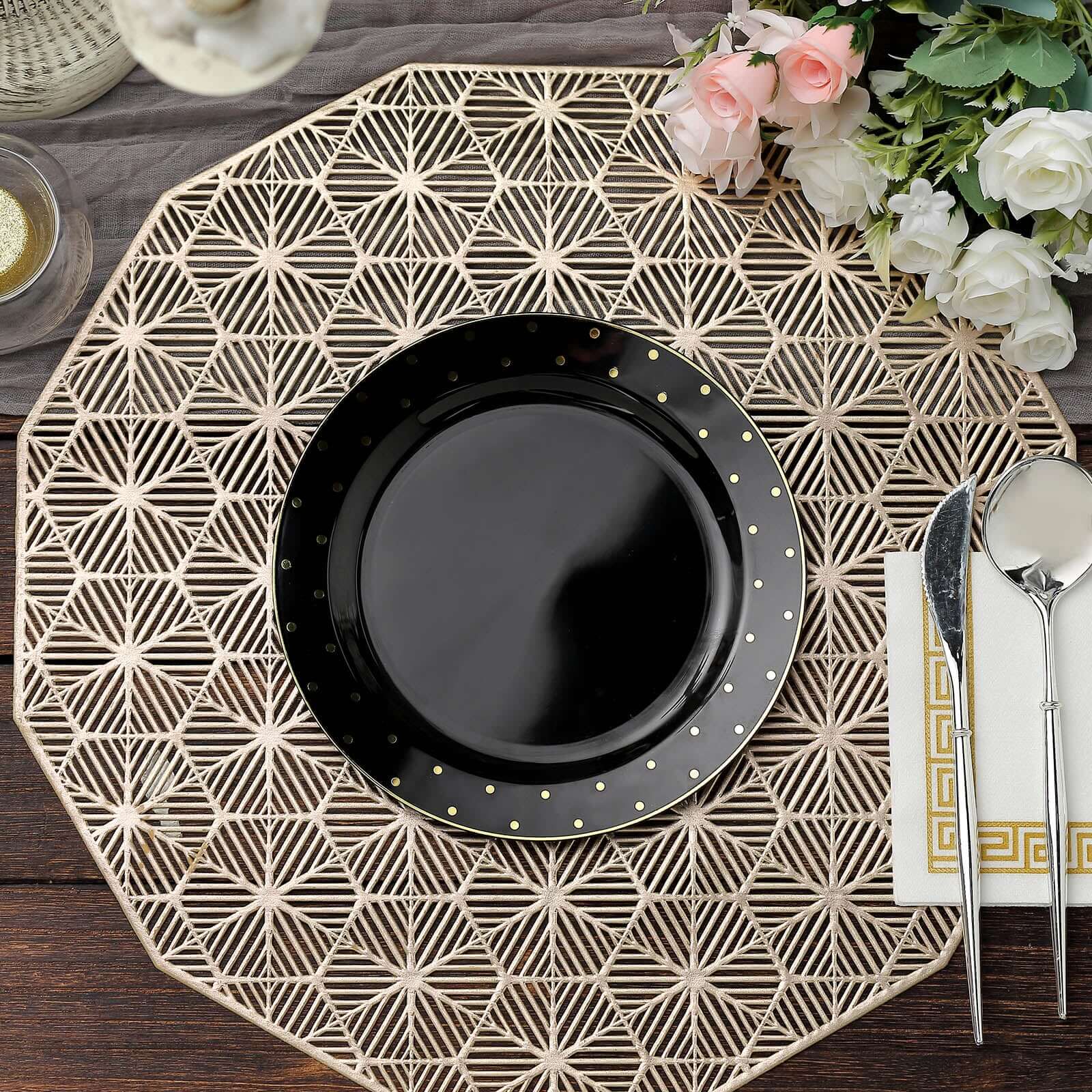 10 Pack 7.5" Black With Gold Dot Rim Plastic Dessert Plates, Round Salad Disposable Tableware Plates