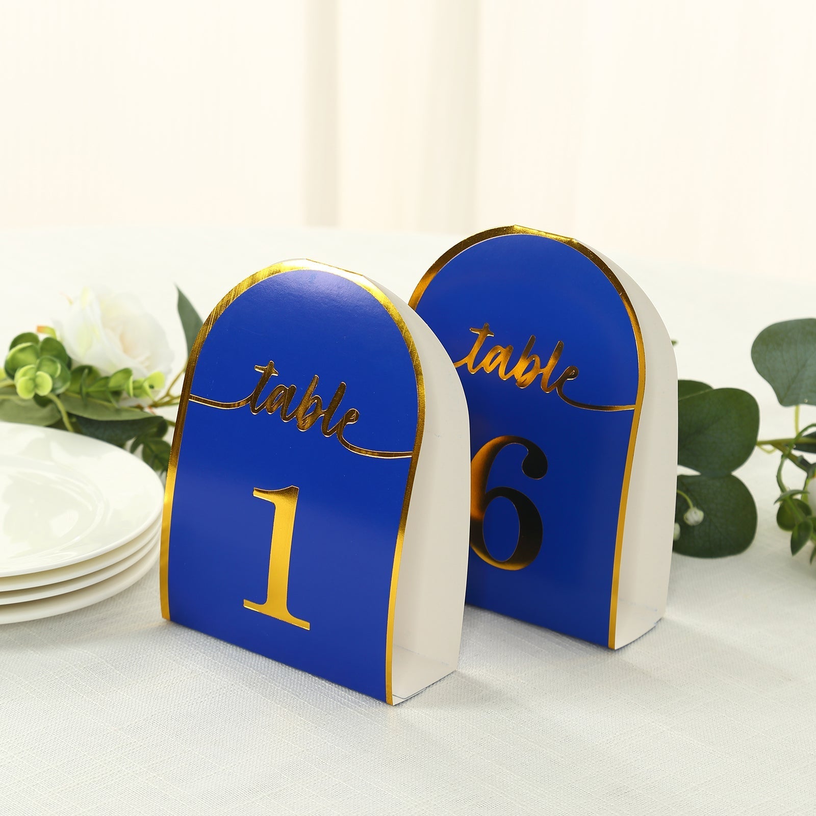 25-Pack Paper Wedding Table Numbers 1-25 Royal Blue Arch Cutout Design - Sleek & Modern Free Standing Double Sided Table Tent Cards with Metallic Gold Foil Numbers 7"