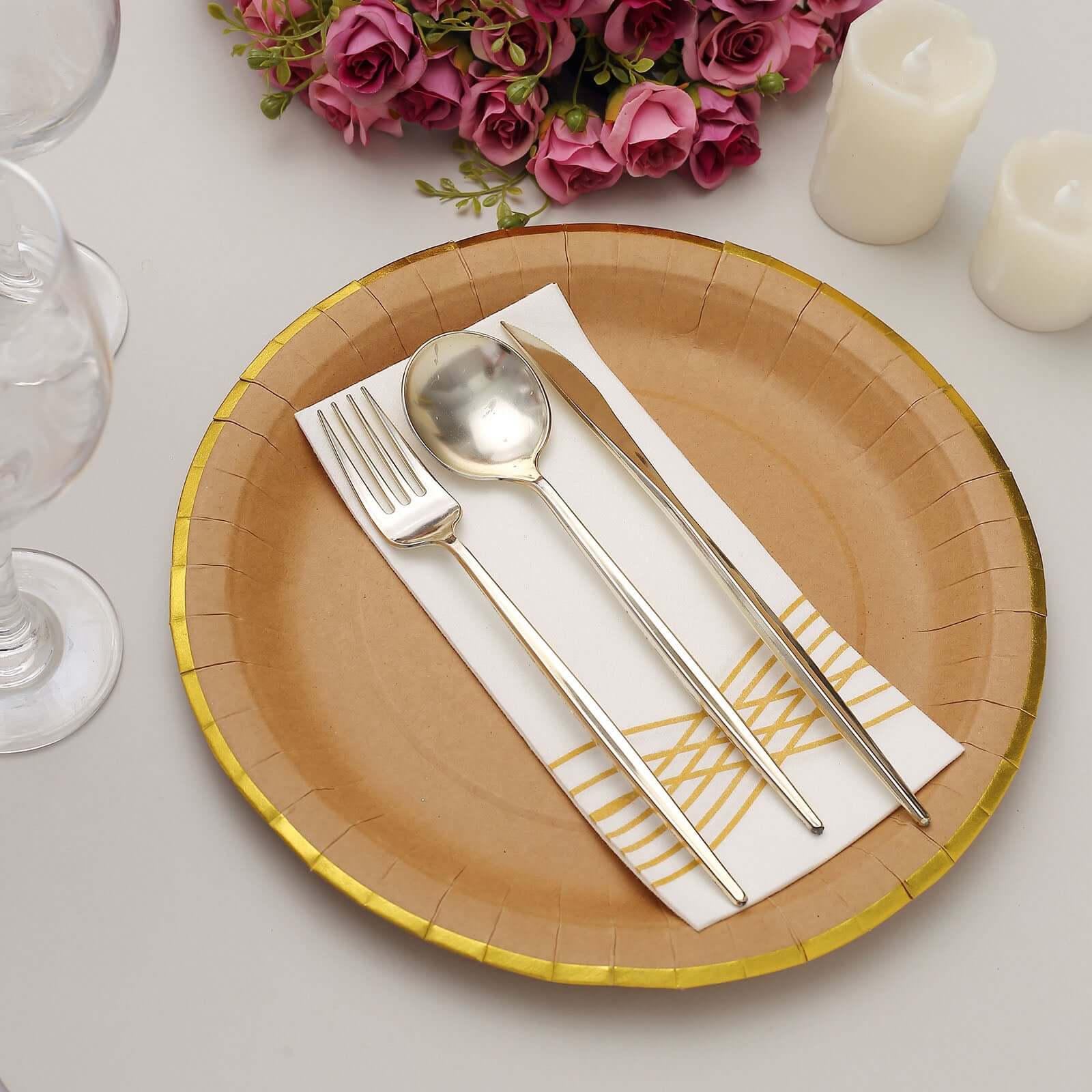 25-Pack Kraft Paper 10" Round Dinner Plates in Natural Brown with Gold Lined Rim - Disposable Party Plates for Rustic & Vintage Inspired Events