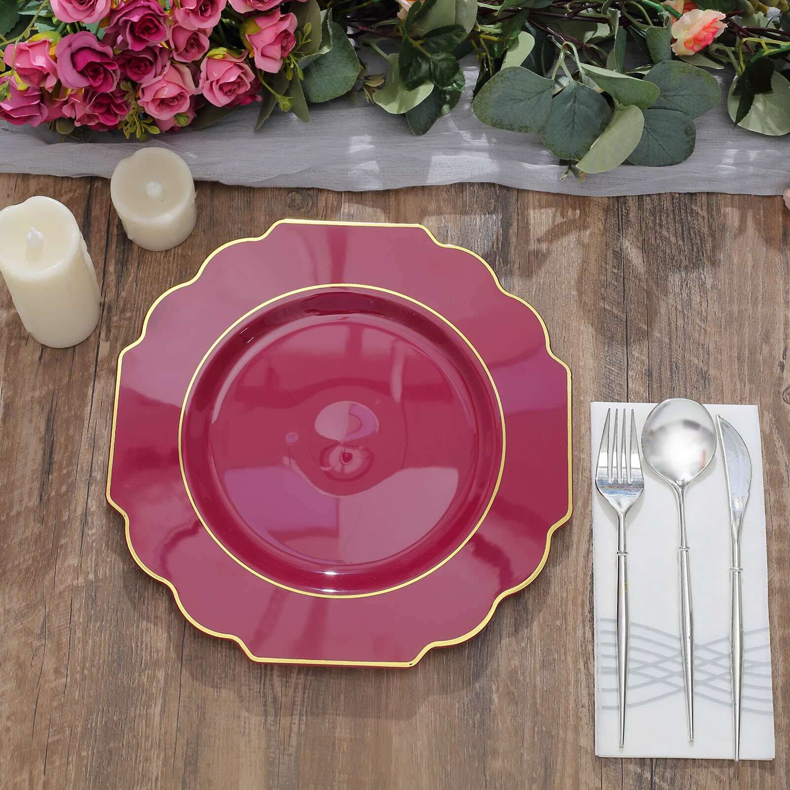 10-Pack Plastic Dinner Plates in Burgundy Baroque Design with Scalloped Gold Rim - Heavy Duty Disposable Party Plates 11"