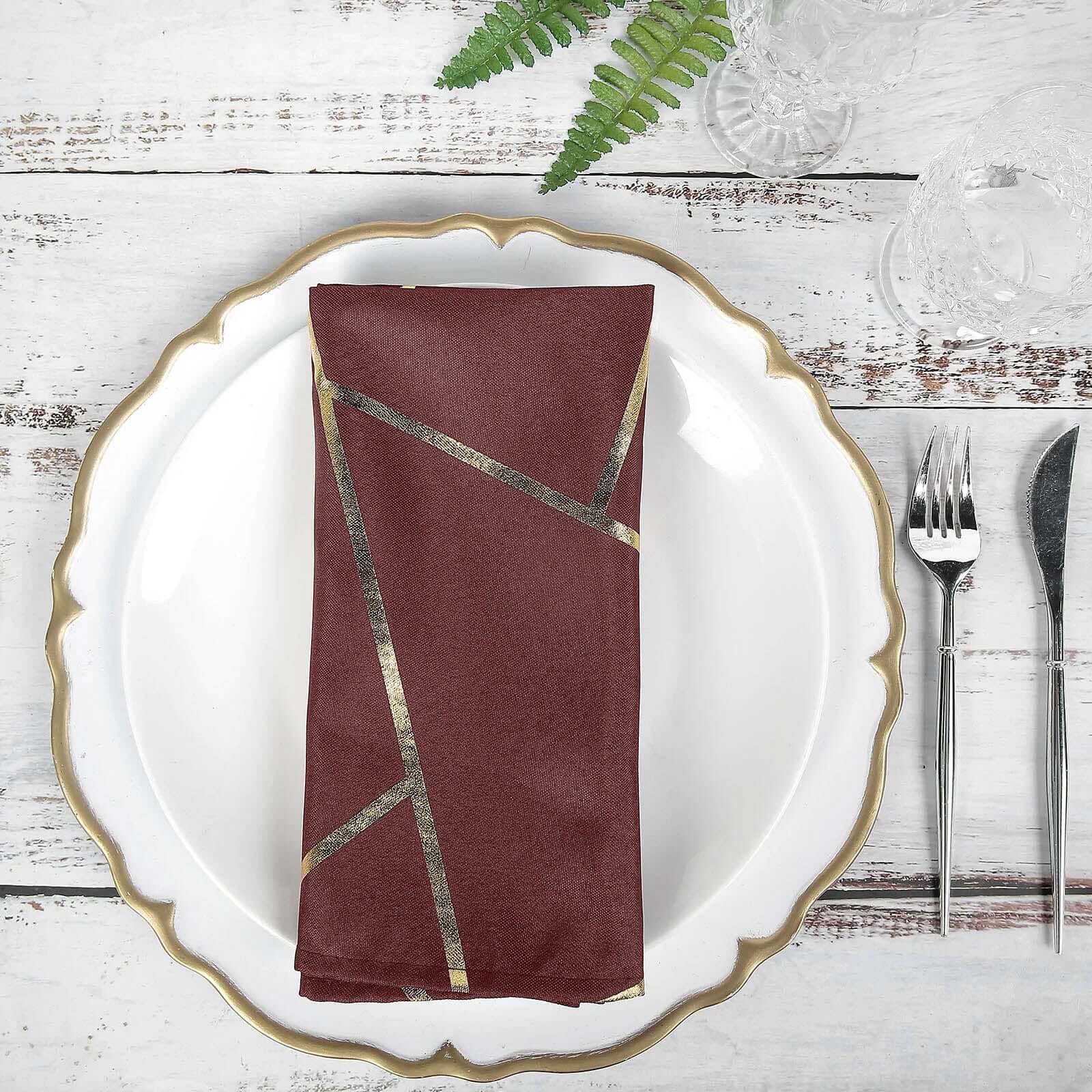 5 Pack Modern Burgundy and Geometric Gold Cloth Dinner Napkins 20"x20"