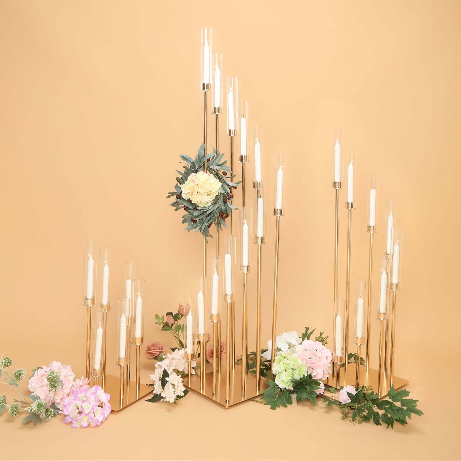 8 Arm Cluster Taper Candle Holder Gold - Stunning Large Candle Arragement With Clear Glass Shades for Grand Banquets & Celebrations 42"