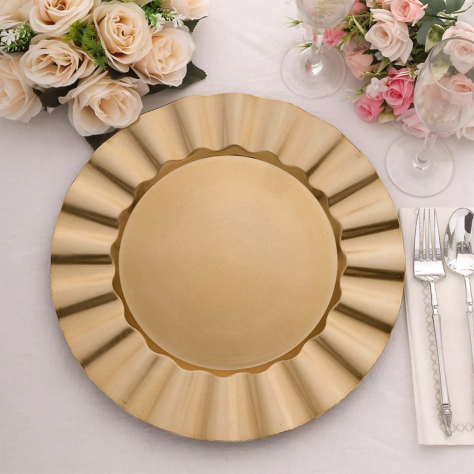 6-Pack Acrylic Plastic Round Charger Plates 13" in Gold with Wavy Scalloped Rim, Decorative Dinner Party Charger Tableware