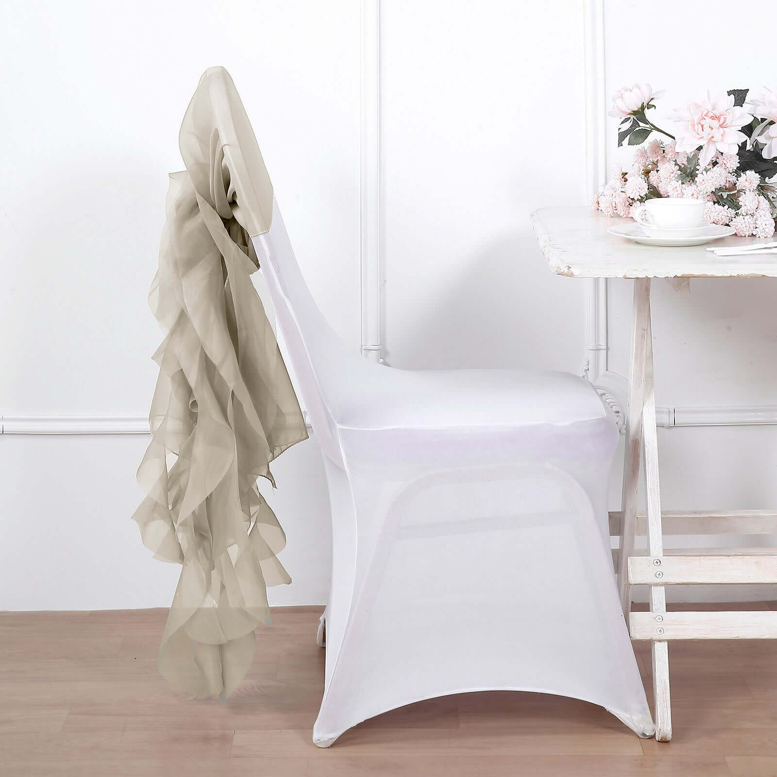 Chiffon Chair Sash with Curly Design Beige - Stylish Chair Decorations