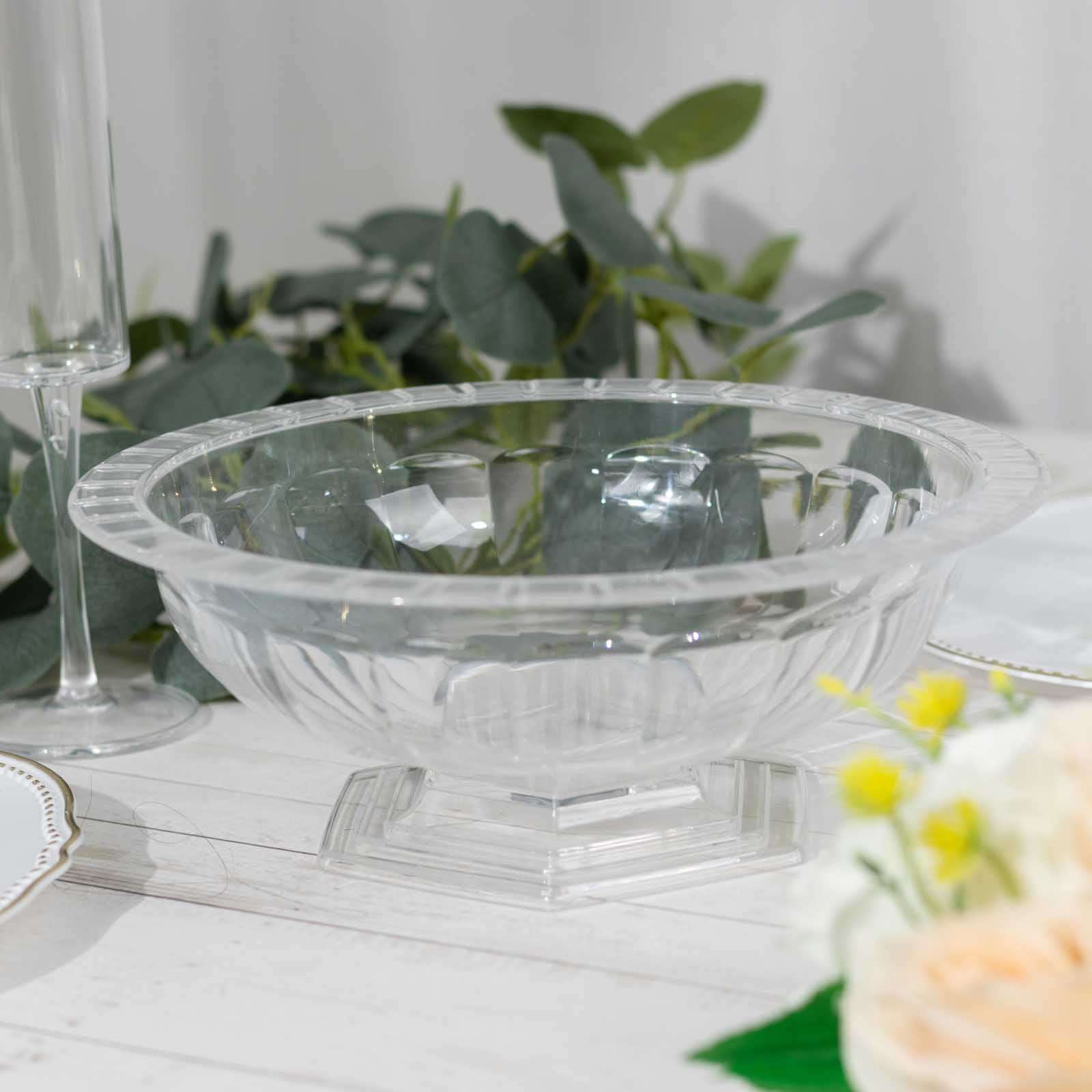 3-Pack Plastic Footed Compote Bowl Flower Vases Roman Style Clear - Round Decorative Pedestal Table Centerpieces 10"