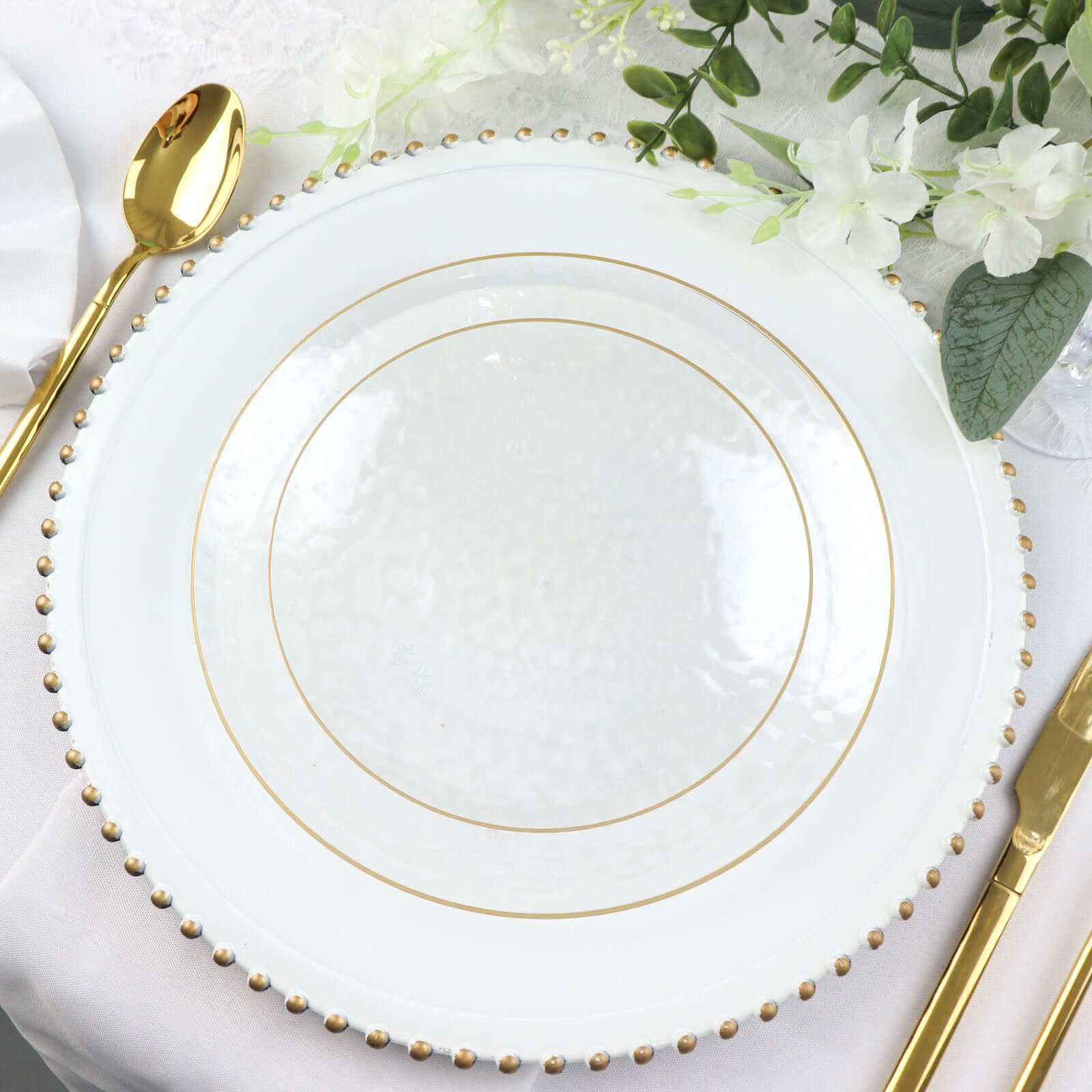 10-Pack Plastic 9" Round Dinner Plates in Clear Hammered Design with Gold Rim - Modern Disposable Party Plates for Events & Banquets
