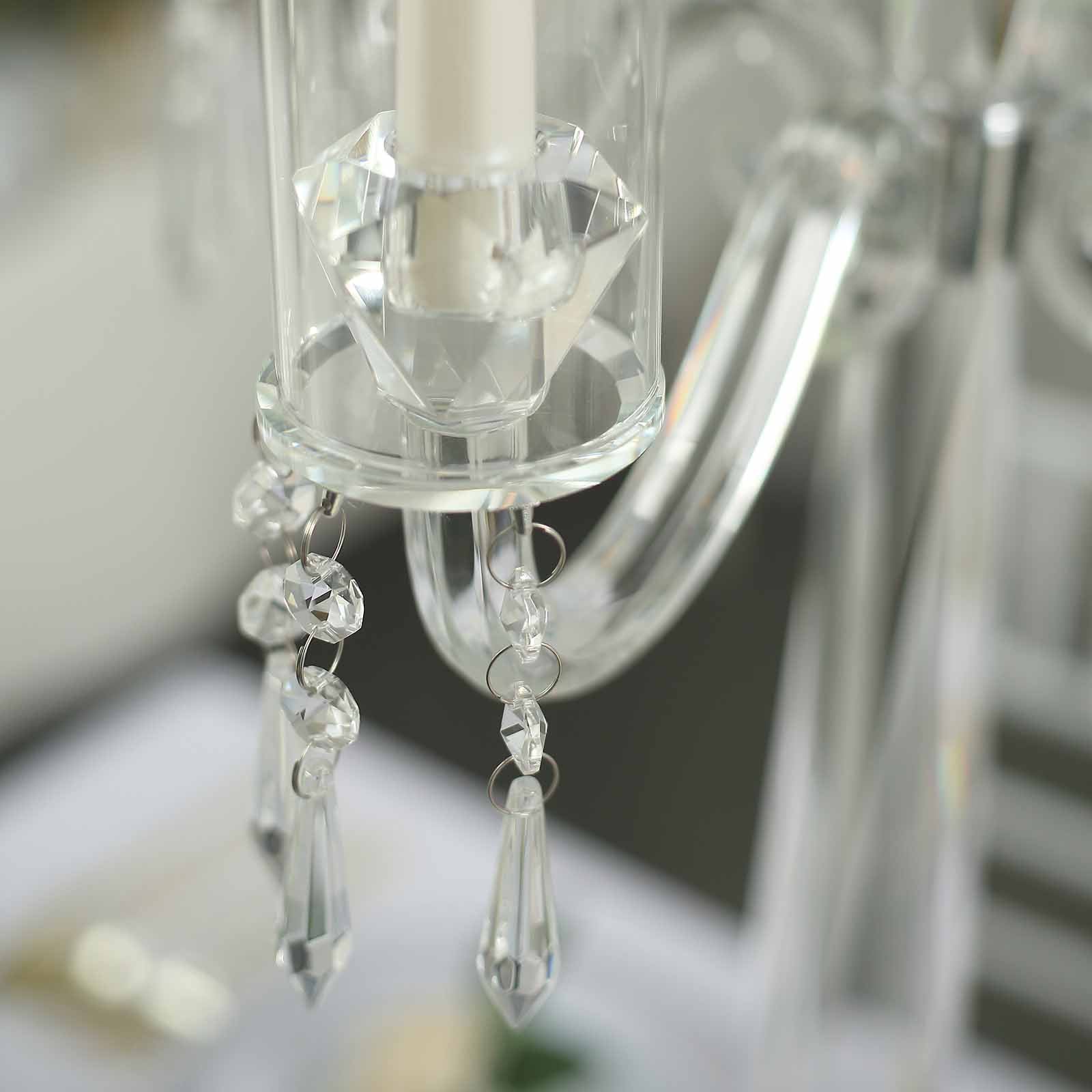 4 Arm Crystal Glass Taper Candle Holder Candelabra, Decorative Table Centerpiece With Chandelier Chains 36"