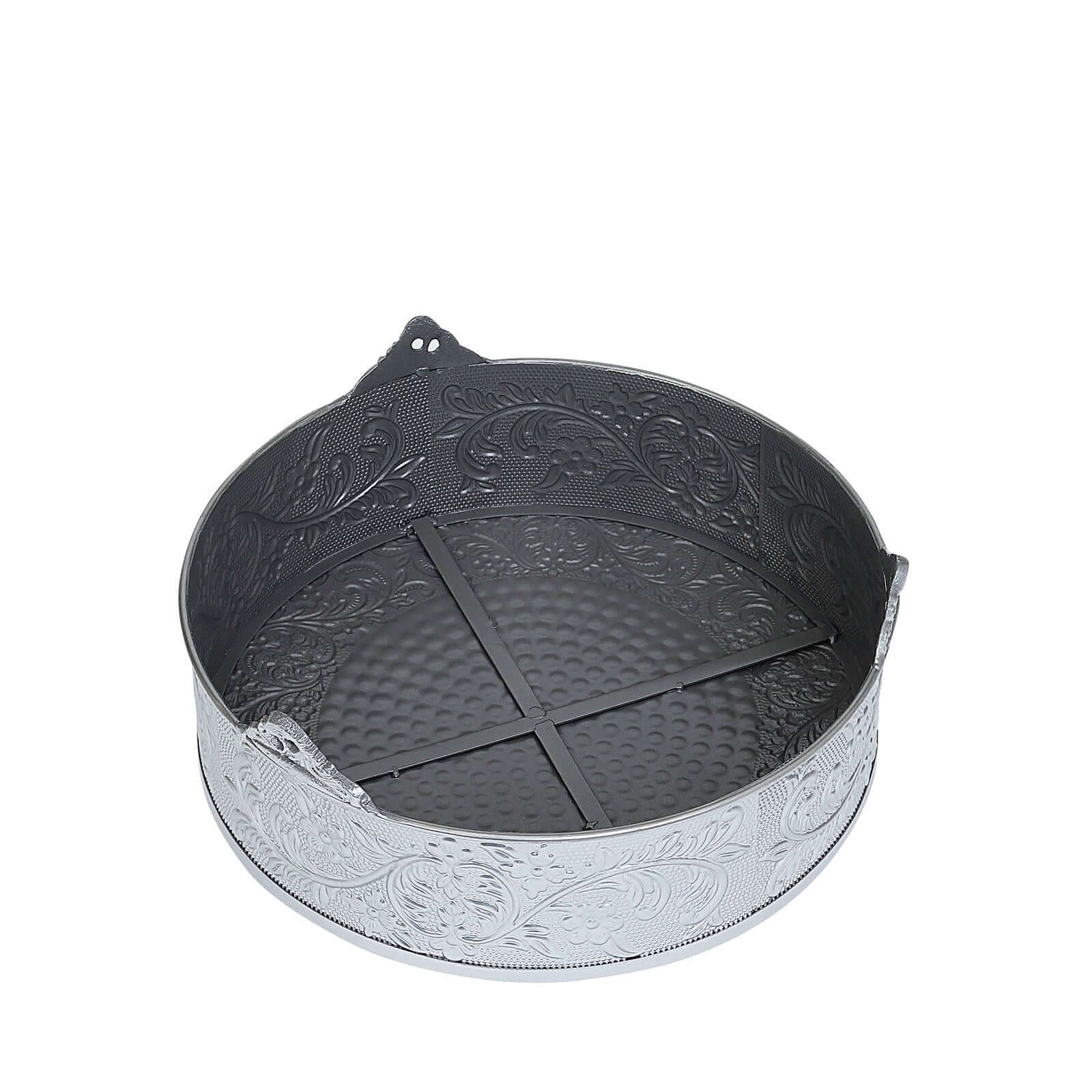 Metal 14" Round Cake Pedestal Stand Matte Silver - Cupcake Dessert Display Riser with Intricate Embossed Design for Upscale Events & Gatherings