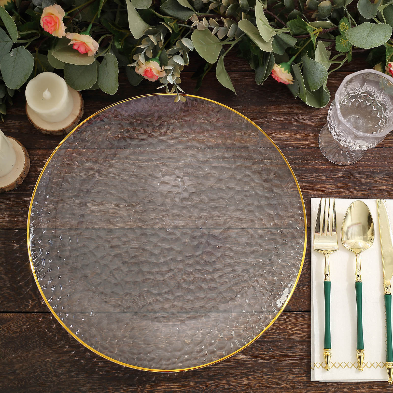 6-Pack Economy Plastic Round Charger Plates 13" in Clear Hammered Design with Gold Rim, Decorative Dinner Party Serving Plates