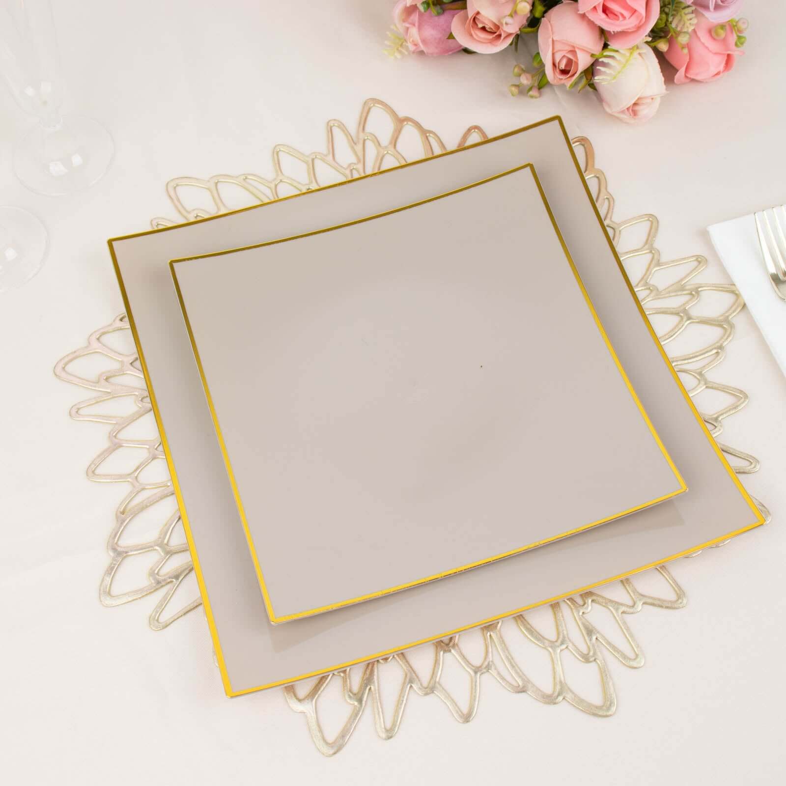 10-Pack Plastic 8" Square Dessert Plates in Taupe Concave Style with Gold Rim - Modern Disposable Salad Appetizer Party Plates