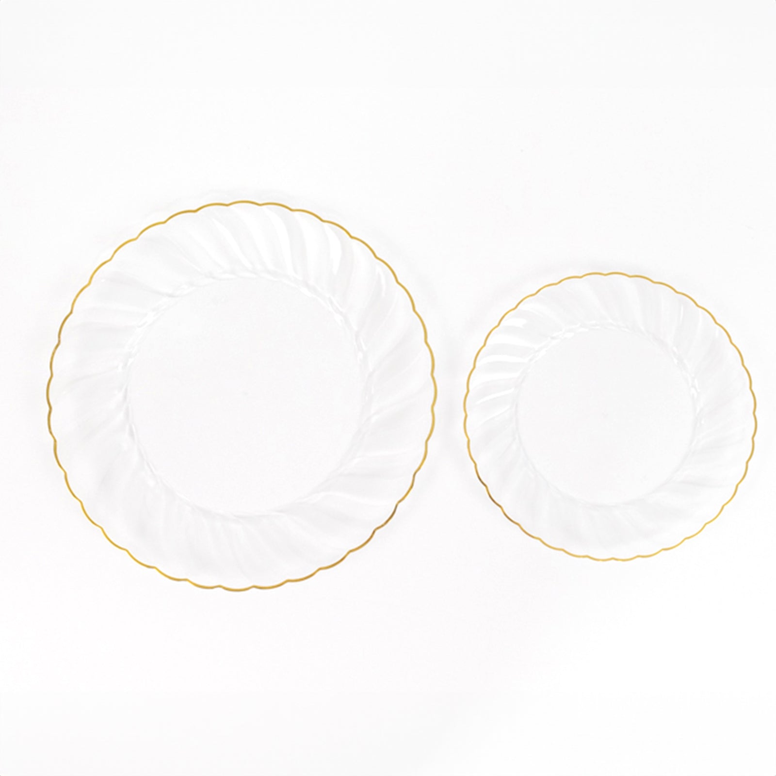 10-Pack Plastic 7.5" Round Salad Dessert Plates in Clear with Gold Flair Rim - Disposable Party Plates for Upscale Banquets & Special Occasions